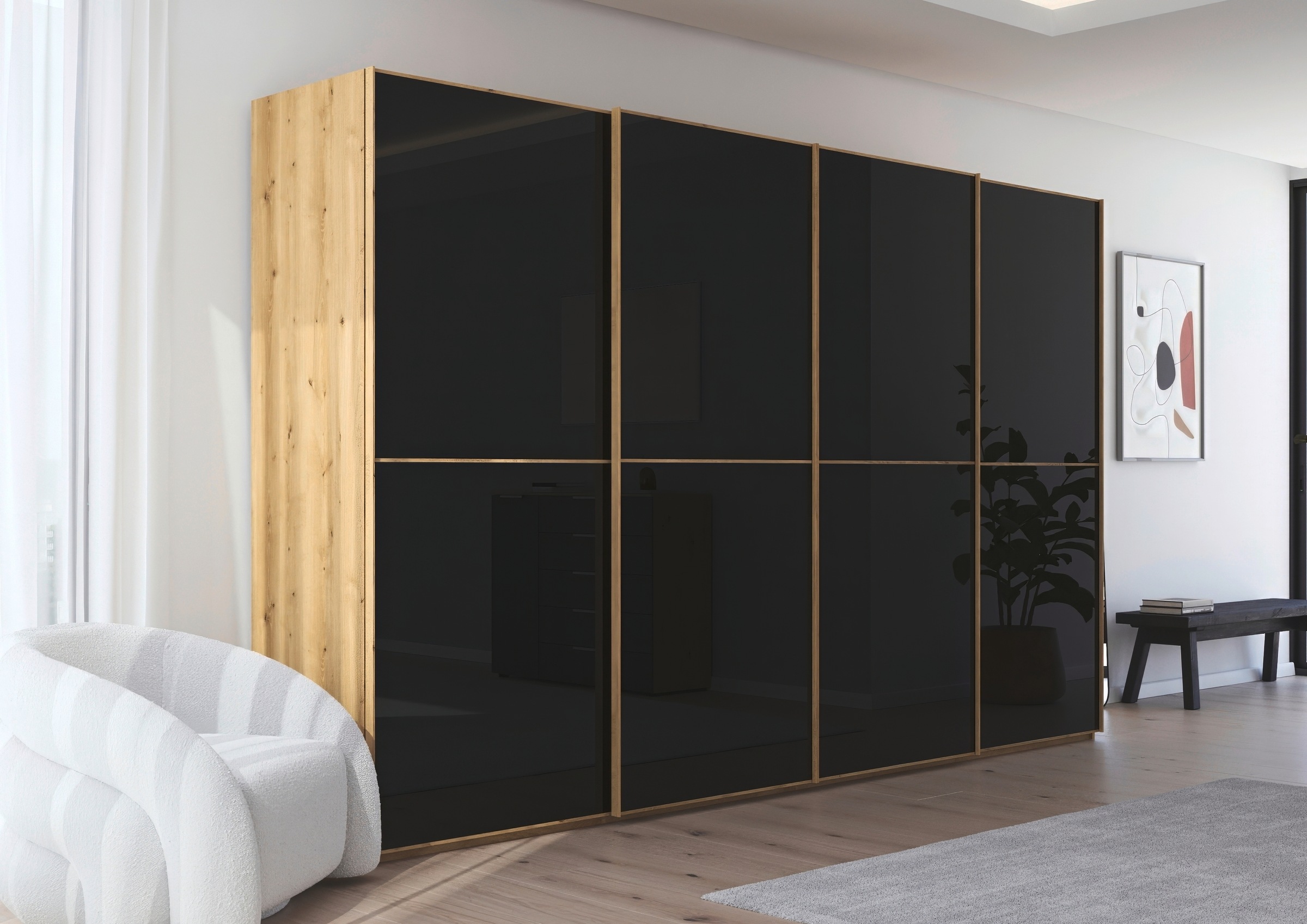 rauch Schwebetürenschrank »Kleiderschrank Schrank Garderobe Schlafzimmerschrank SCALE-DUO«, edle zweigeteilte Türen Glas-Front mit 3 Zierleisten MADE IN GERMANY