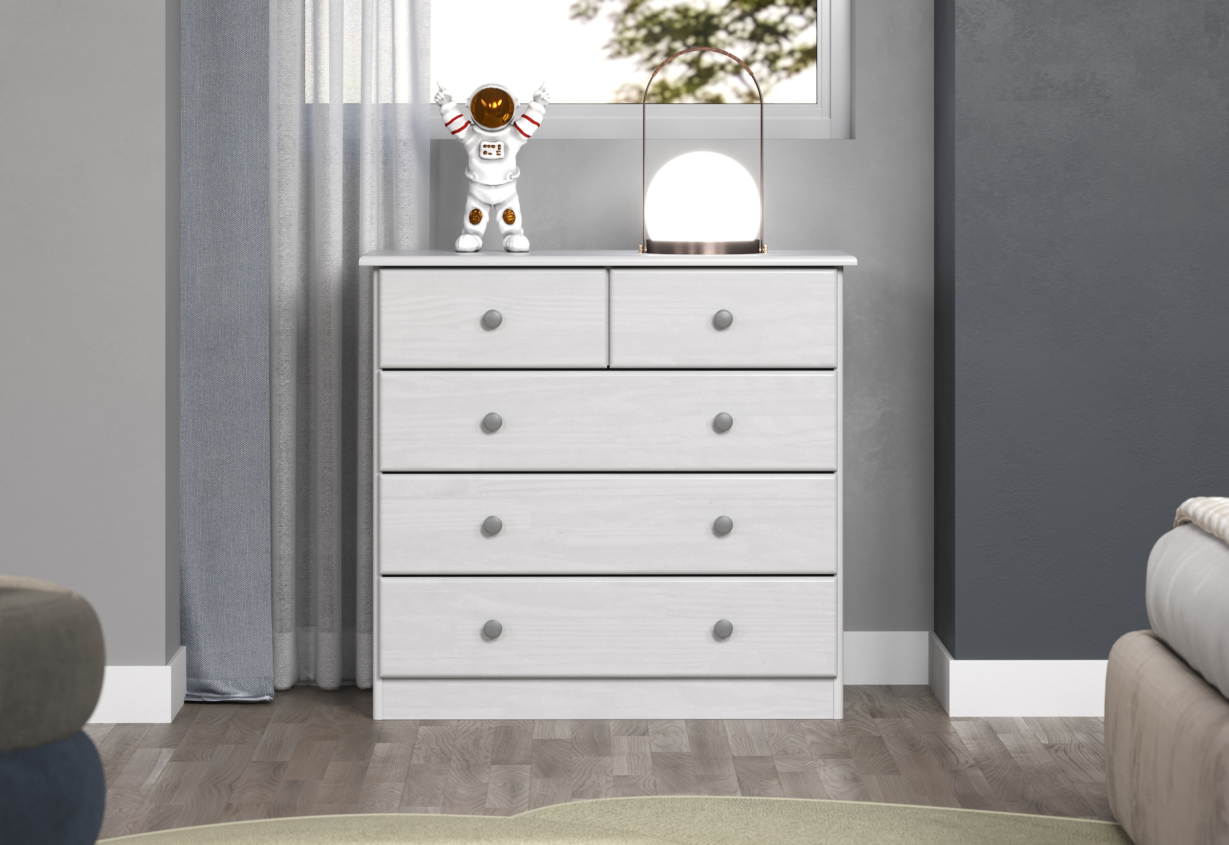 Home affaire Schubkastenkommode »Delsbo Kommode Wäscheschrank Beistellschrank Schrank Bestseller«, (1 St., Landhaus Design aus Kiefernholz), Massivholz Sideboard mit 5 Schubladen - Metall-Knopfgriffe