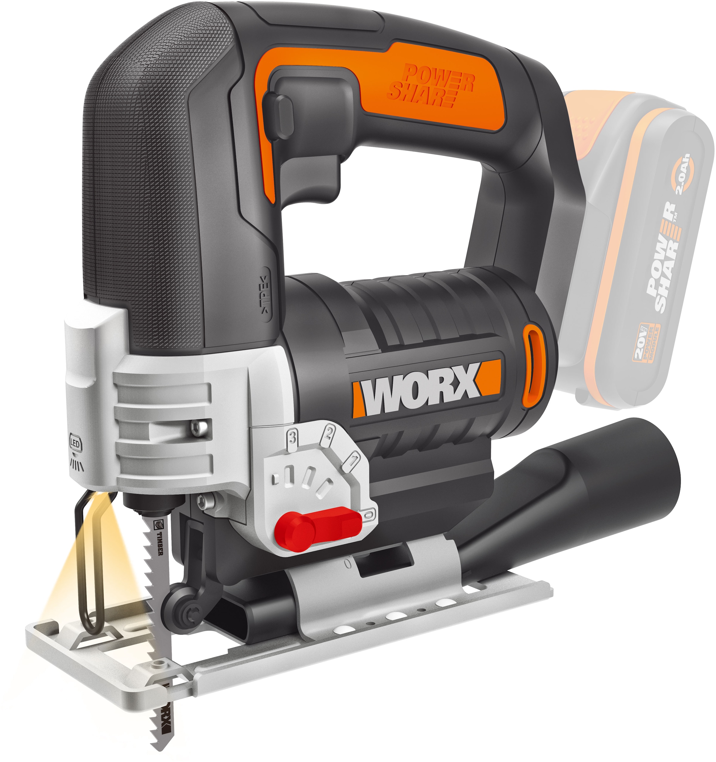 Worx Akku-Stichsäge »WX543.9«, mit Absaug-Adapter, 45° Gehrungsschnitte, ohne Akku & Ladegerät