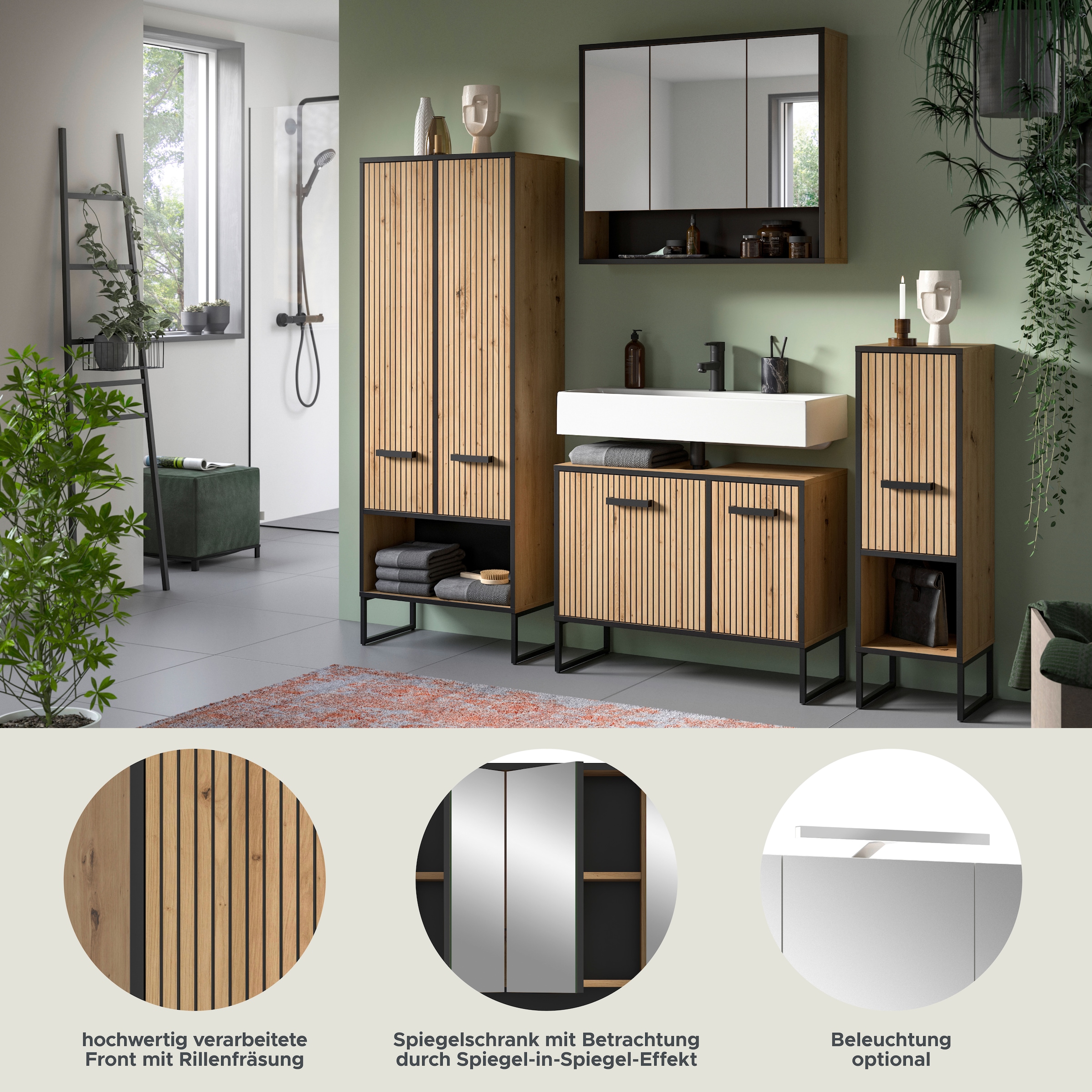 welltime Badmöbel-Set »LOCRI, 4-tlg. Badkombination, Breite 199 cm, Rillenoptik, Metallkufen« bestehend aus: Hochschrank, WBU, Spiegelschrank & Standschrank, 4 Stk. tlg.