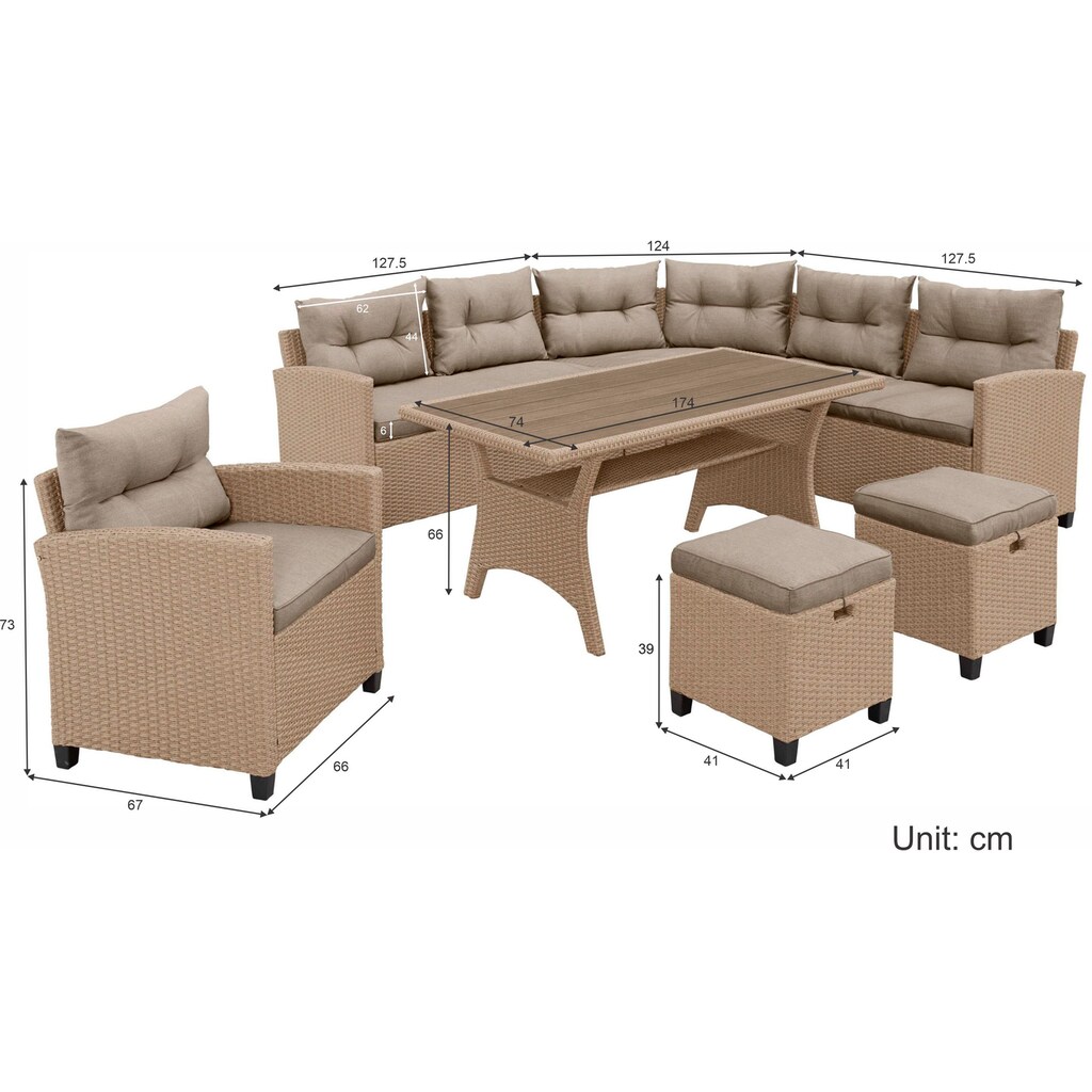 KONIFERA Gartenlounge-Set »Keros Premium«, (Set, 20 tlg., 2x 2er Sofa, 1x Ecke, 1x Sessel, 2x Hocker, 1x Tisch 145x75x67,5cm), Ecklounge, Polyrattan, Stahl, geeignet für 8 Personen, inkl. Auflagen