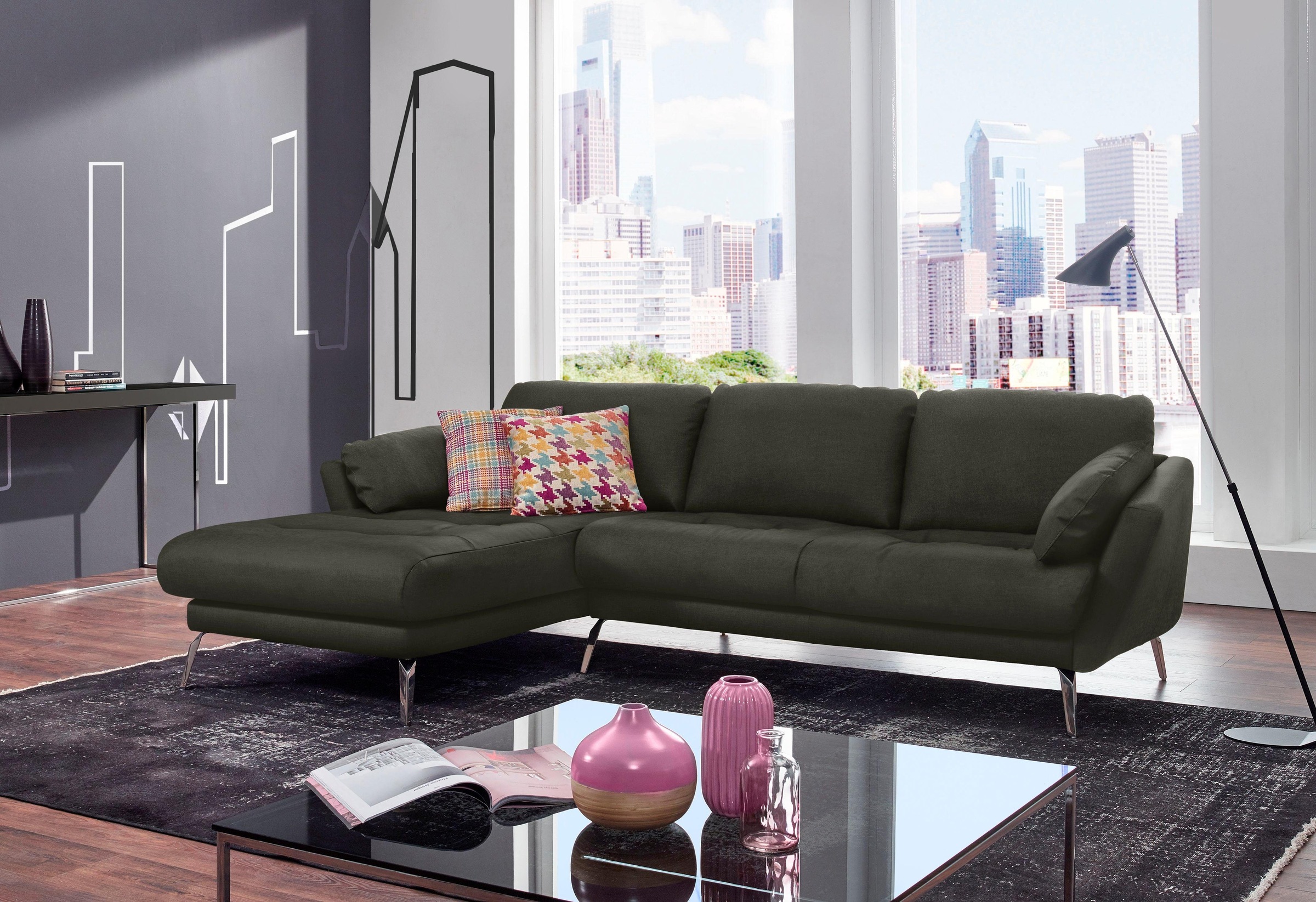 W.SCHILLIG Ecksofa »softy, Designsofa, zeitlos und elegant, hoher Sitzkomfort, L-Form«, mit dekorativer Heftung im Sitz, Füße Chrom glänzend