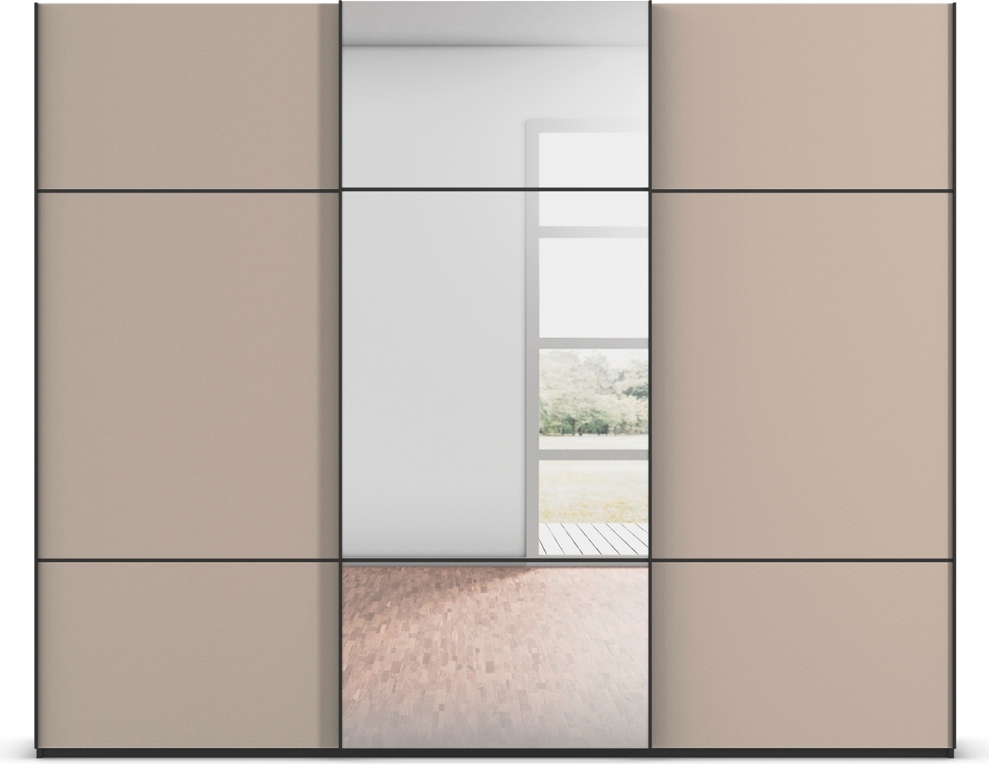 rauch Schwebetürenschrank »Kleiderschrank Schrank Garderobe Schlafzimmerschrank SCALE-TRIO«, edle dreigeteilte Front mit 2 Zierleisten Spiegel/Glas MADE IN GERMANY