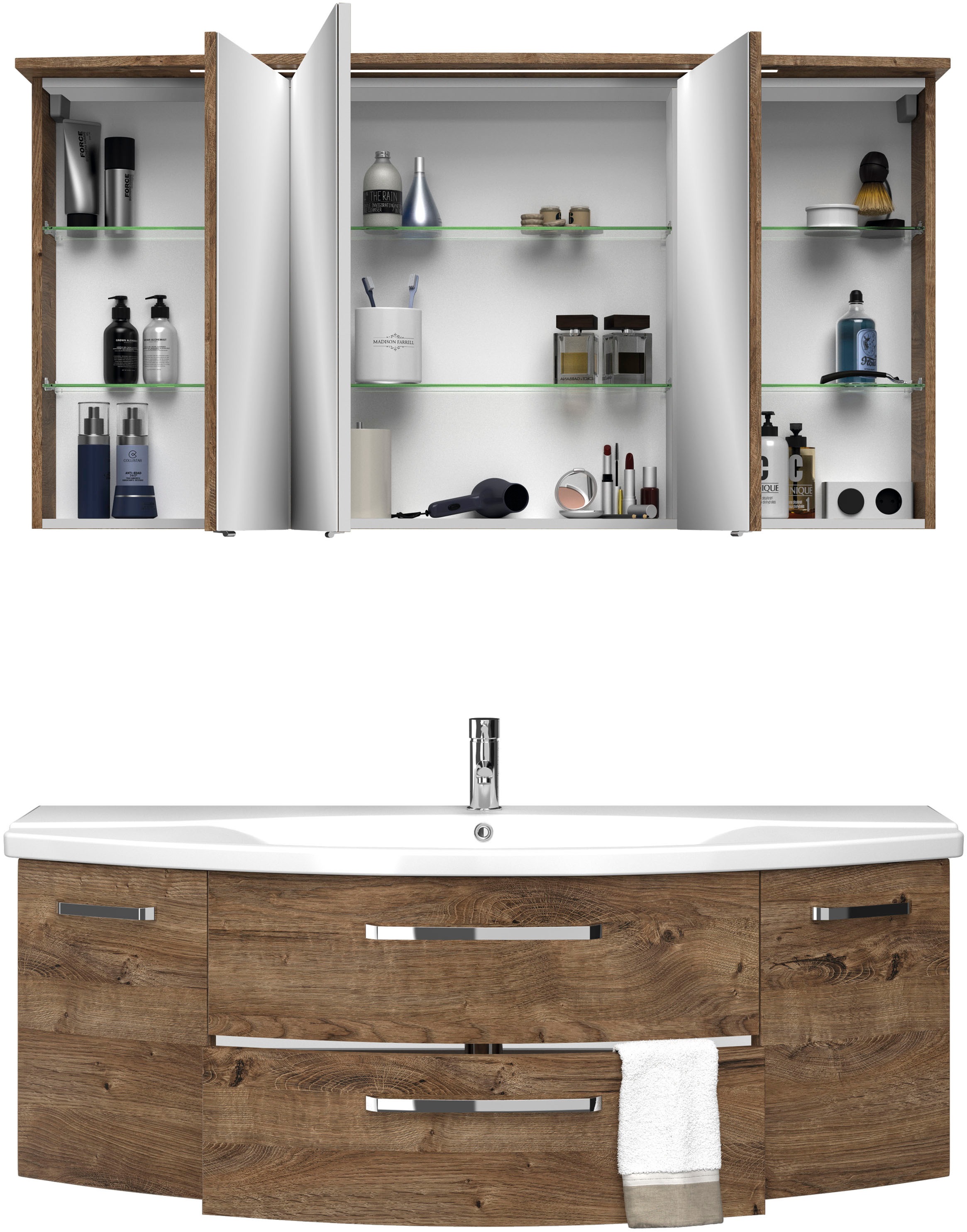 Saphir Badmöbel-Set »Serie 4010 2-teilig Keramik-Waschtisch mit LED-Spiegelschrank«, (Set), Badezimmer Set 144 cm breit, inkl. Türdämpfer, 5 Türen, 2 Schubladen