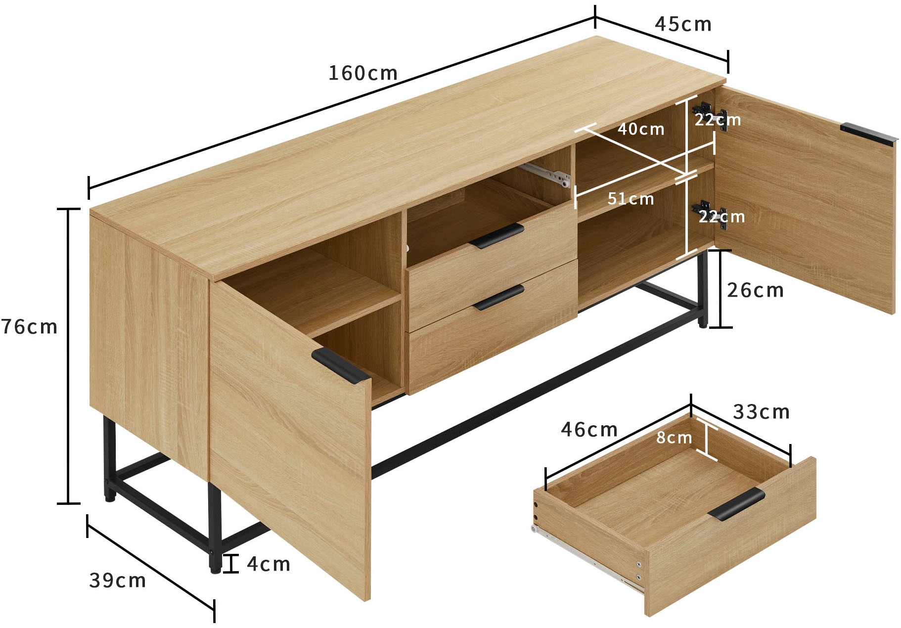 OTTO home Sideboard »Tayler«, pflegeleichte Melaminoberfläche, Metallgestell, Breite 160 cm