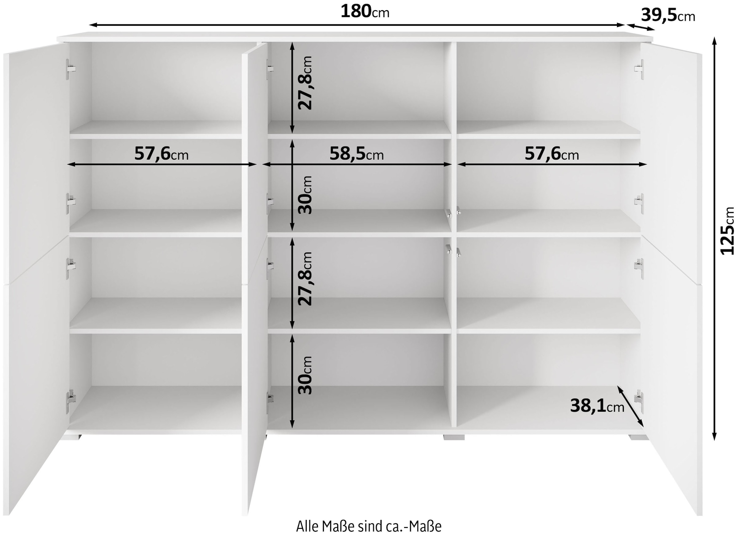 OTTO home Highboard »Kenia, moderne grifflose Hochkommode mit 6 Türen, Breite 180 cm« 1 Stk. tlg. Push-to-Open-Fronten, höhenverstellbaren Einlegeböden