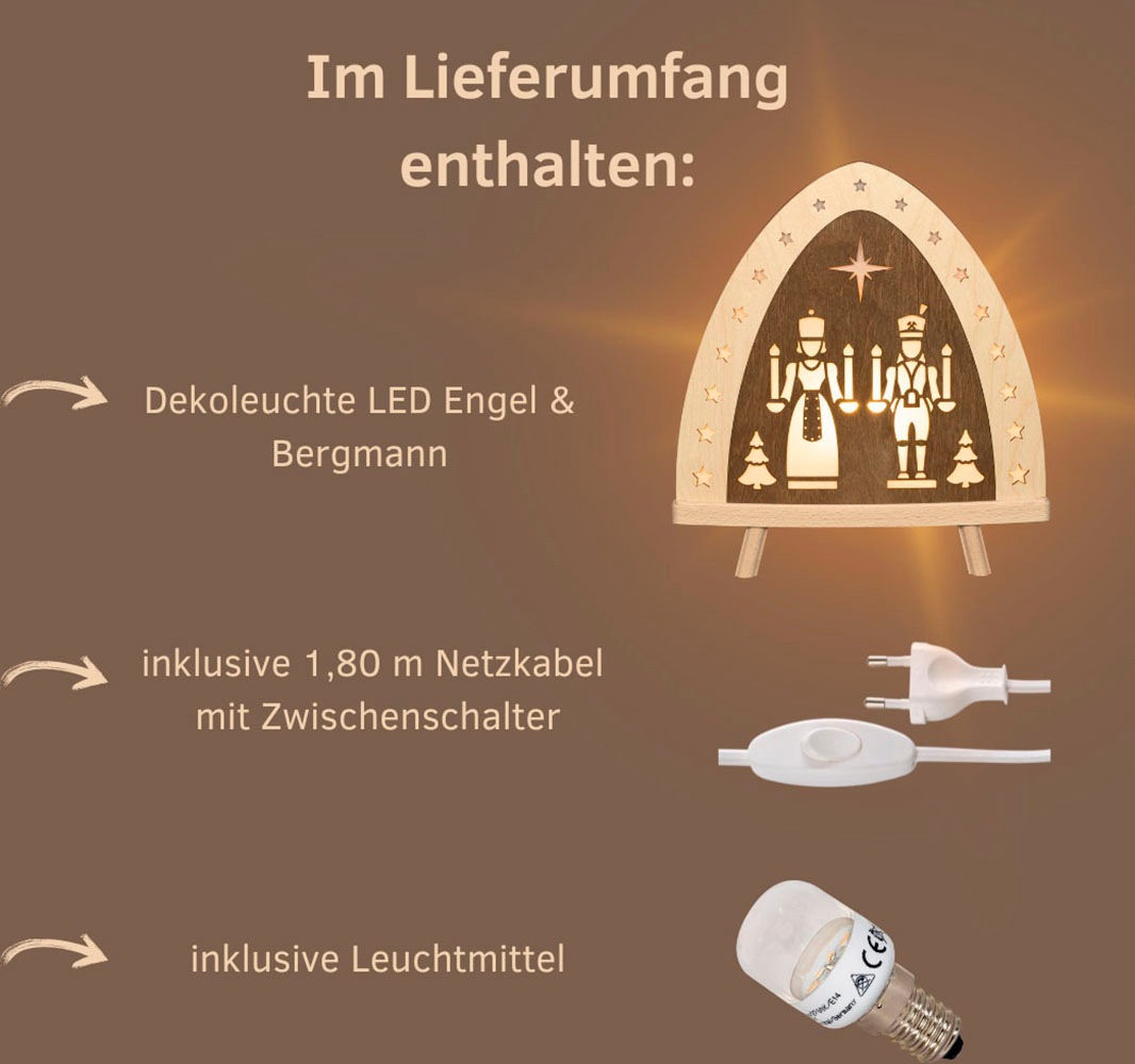 Weigla LED Lichterbogen »Engel und Bergmann, Dekoleuchte aus Holz, NATUR-BRAUN«, Erzgebirge garantiert, Weihnachtsdeko Innen, Weihnachtsbeleuchtung