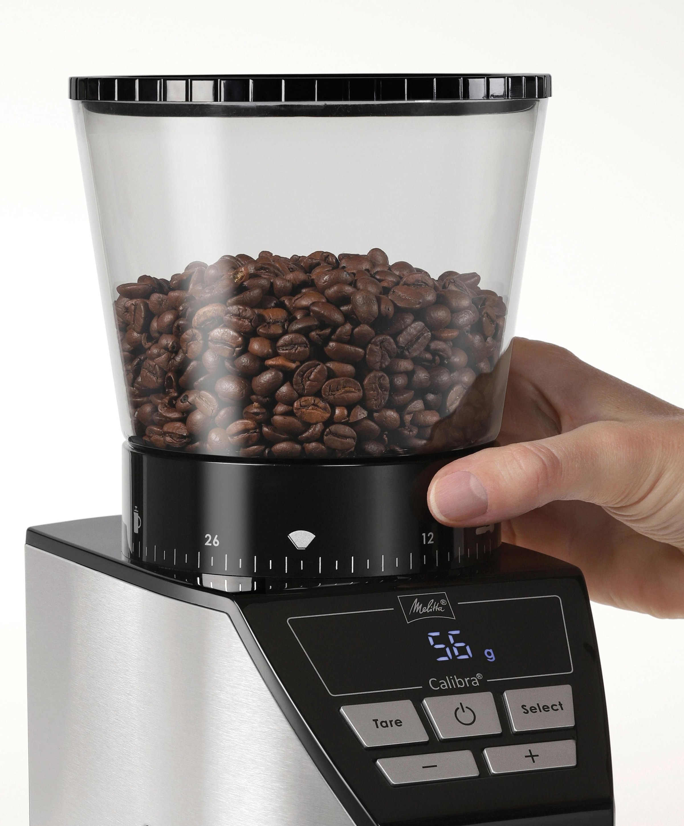Melitta Kaffeemühle »Calibra auf g Rechnung 160 Kegelmahlwerk, bestellen 375 schwarz-Edelstahl«, Bohnenbehälter 1027-01 W