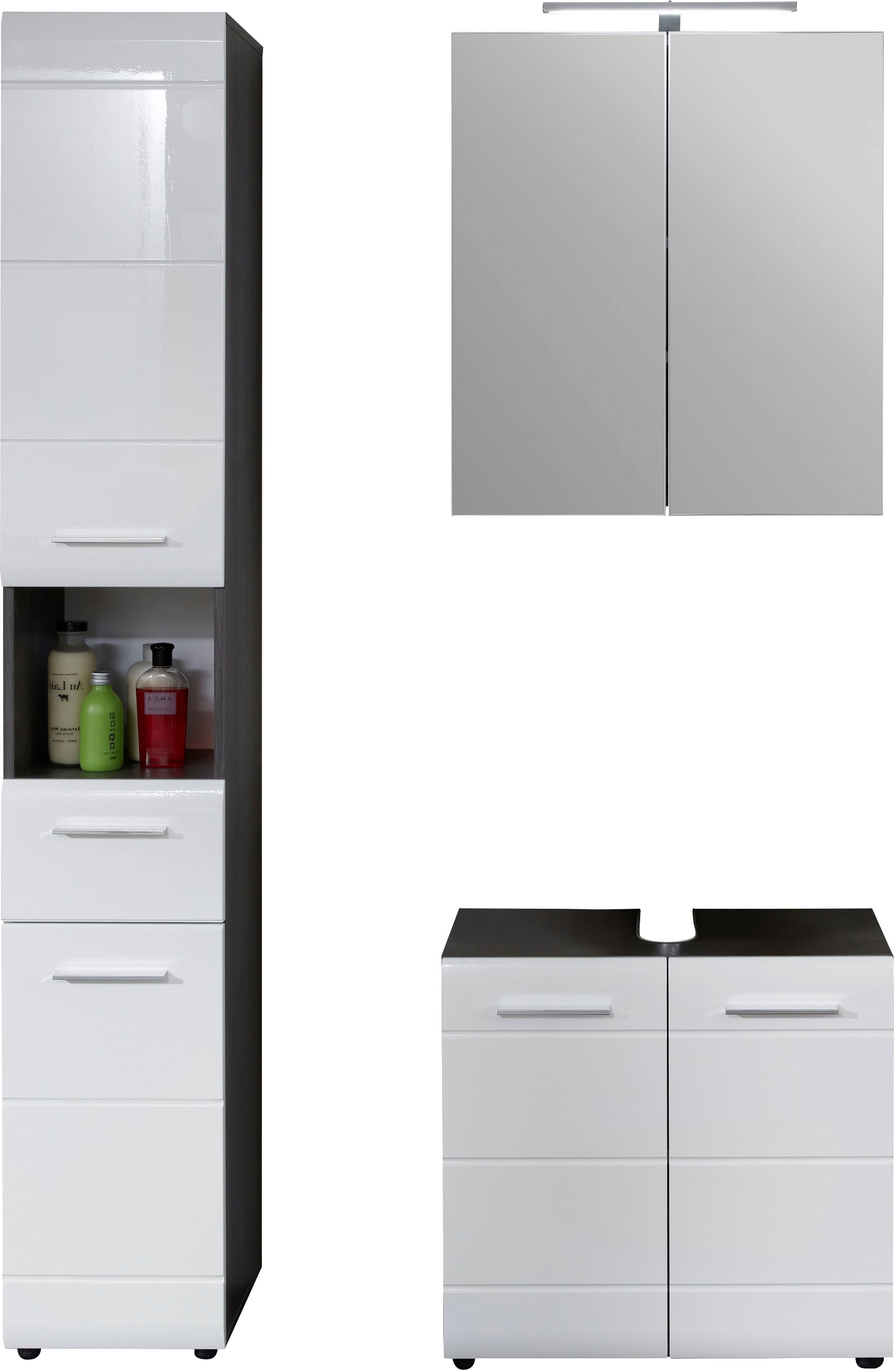 INOSIGN Badmöbel-Set »Sovana«, (Set, 3 St.), Hochschrank, Waschtisch und Spiegelschrank mit Beleuchtung