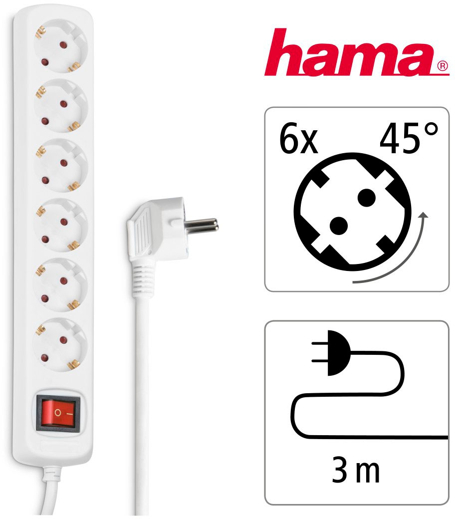 Hama Steckdosenleiste »Mehrfachsteckdose, 6-fach, Steckerleiste mit Schalter, 3 m Kabel«, 6-fach, (Kabellänge 3 m)