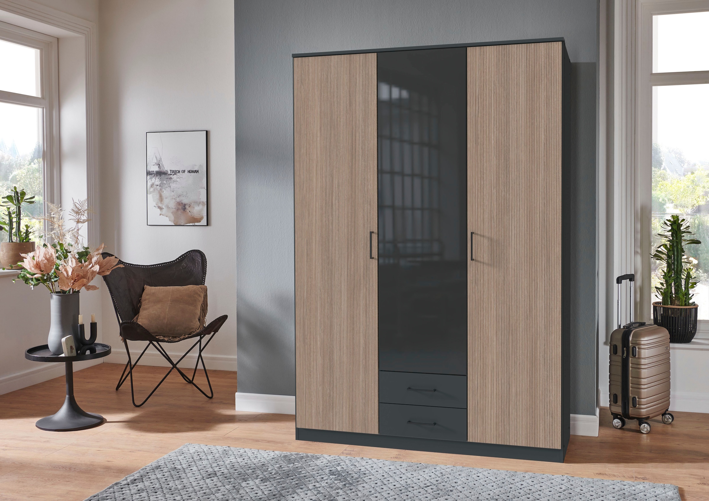 Wimex Kleiderschrank »Fulda, 135 oder 180/58/199cm, 2 Schubladen, Made in Germany«, (mit Kranzleiste), besonderer Look durch Multiplex Optik, mit oder ohne Glasauflage