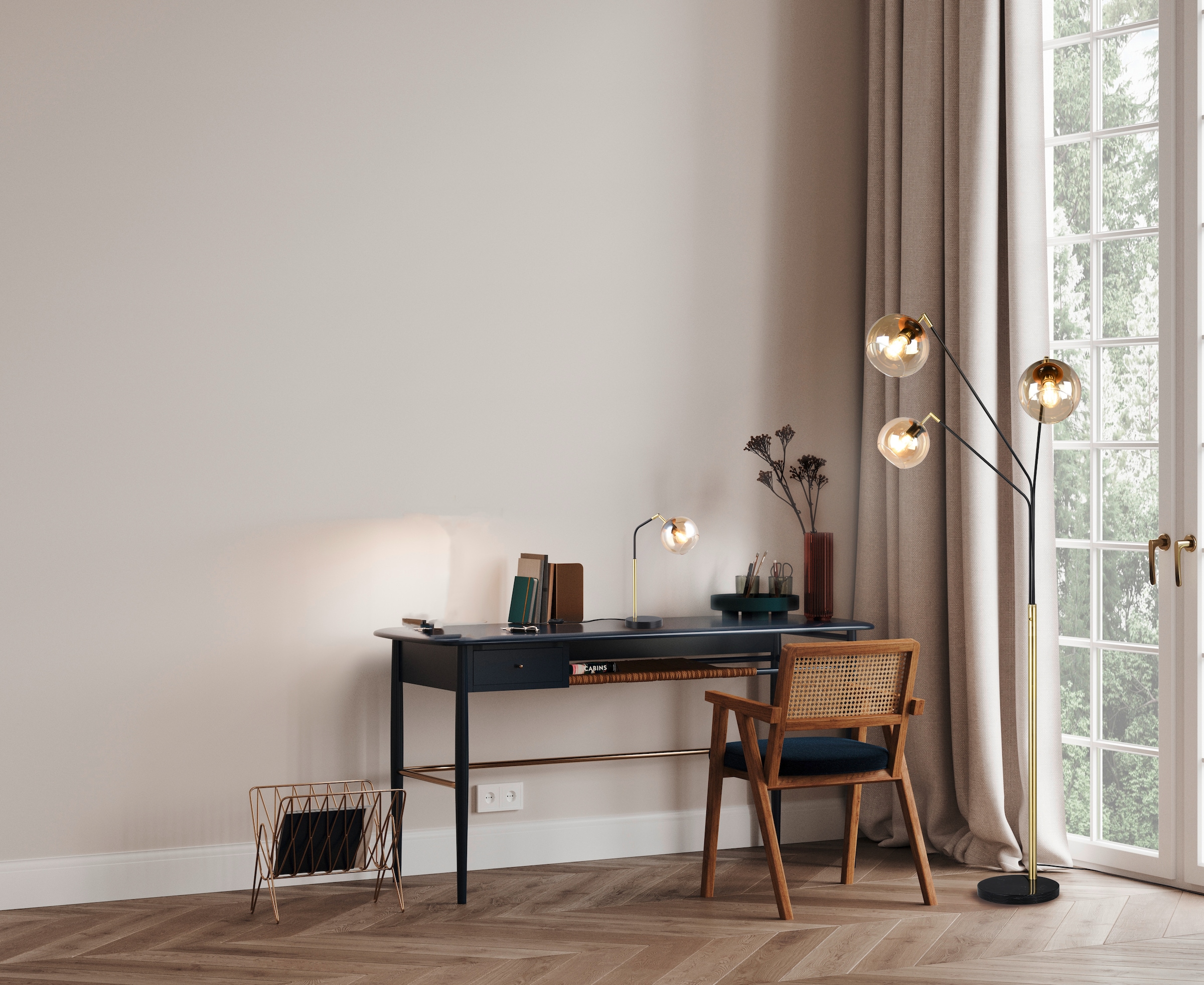 TRIO Leuchten Stehlampe »PAXTON, dreiflammige Stehleuchte, Glas Lampenschirme, Arme verstellbar«, 3 flammig, Leuchtmittel E27 | Leuchtmittel wechselbar, exkl. 3x E27 max 10W, Höhe 200cm Breite 67cm, Kippschalter, 2m Kabel