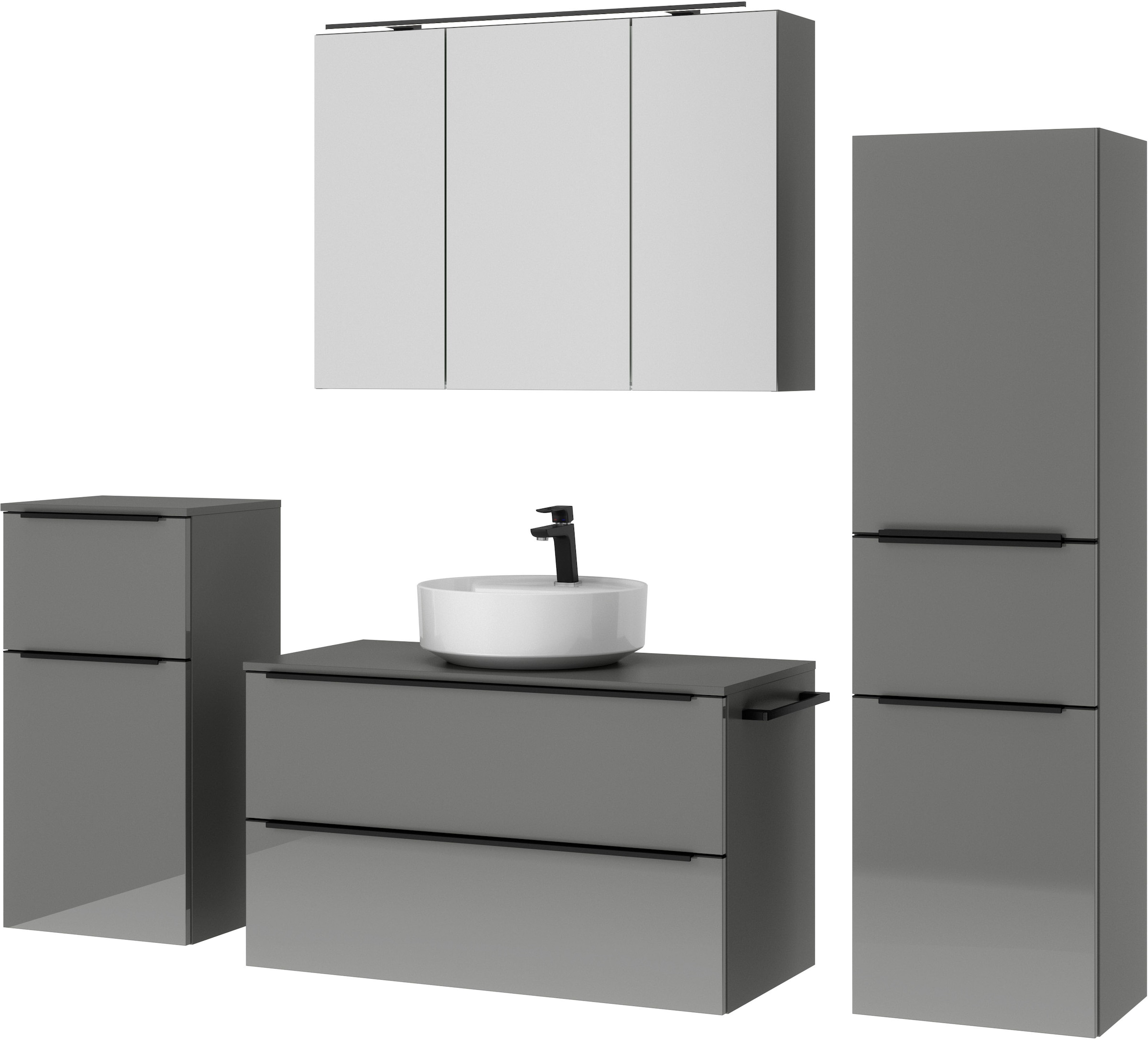 nobilia® Badmöbel-Set »Alvene«, (4 St., vormontiert, mit Soft-Close), inkl. Spiegelschrank mit Beleuchtung und Dimmerfunktion, in 4 Breiten