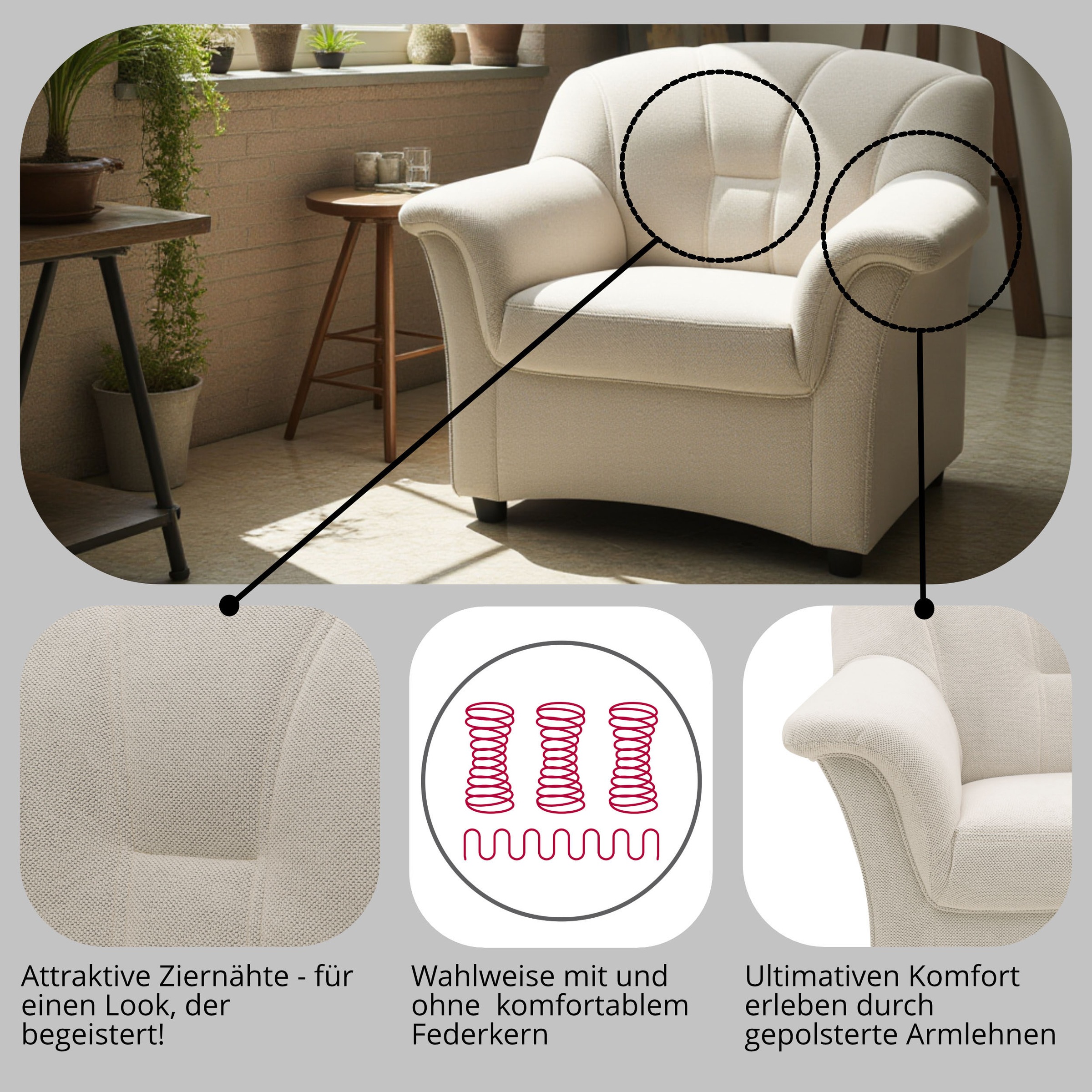 DOMO collection Sessel »Flores«, wahlweise mit Federkern (nicht bei Microfaser PRIMABELLE®-Struktur)