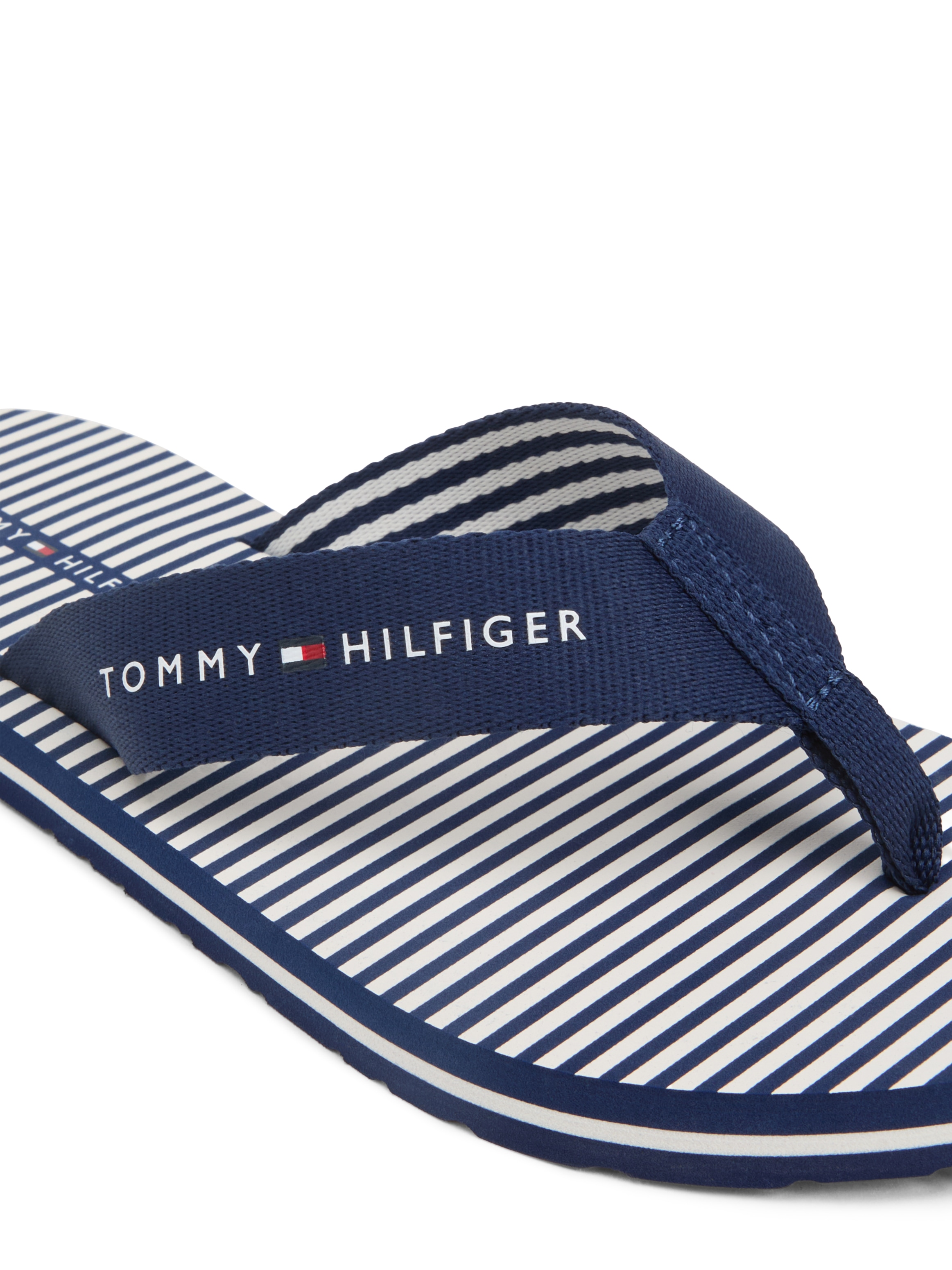 Tommy Hilfiger Zehentrenner »TH ITHACA STRIPE SUMMER SANDAL«  Sommerschuh, Pool Slide, Dianette, Flat mit Logo-Schriftzug