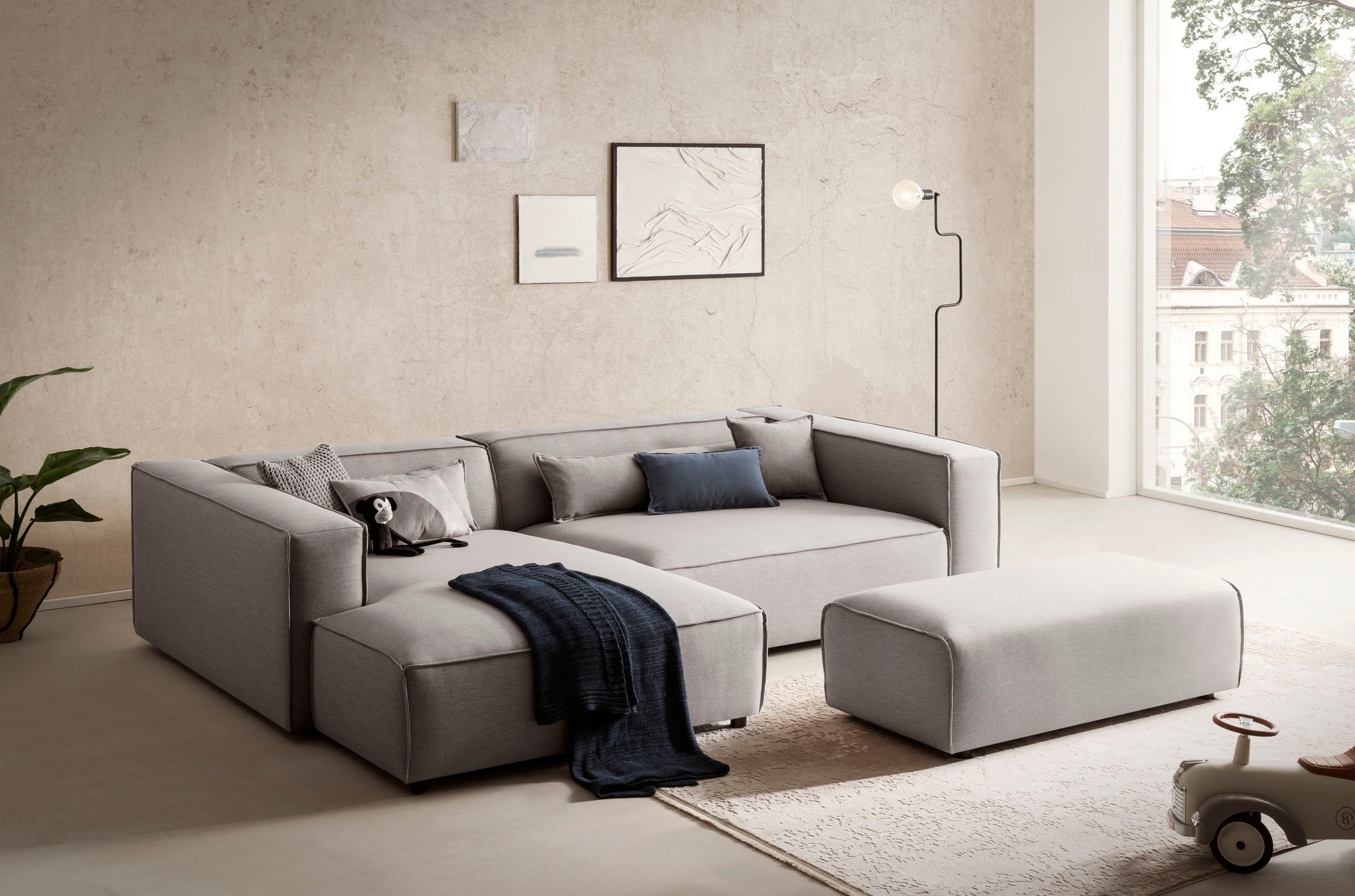 LeGer Home by Lena Gercke Polsterecke »PIARA XXL, L-Form mit Schlaffunktion, Big-Sofa in Cord o. Leinenoptik«, Hocker stellbar zum Schlafsofa (Krokodilverbinder), tiefe Sitzfläche