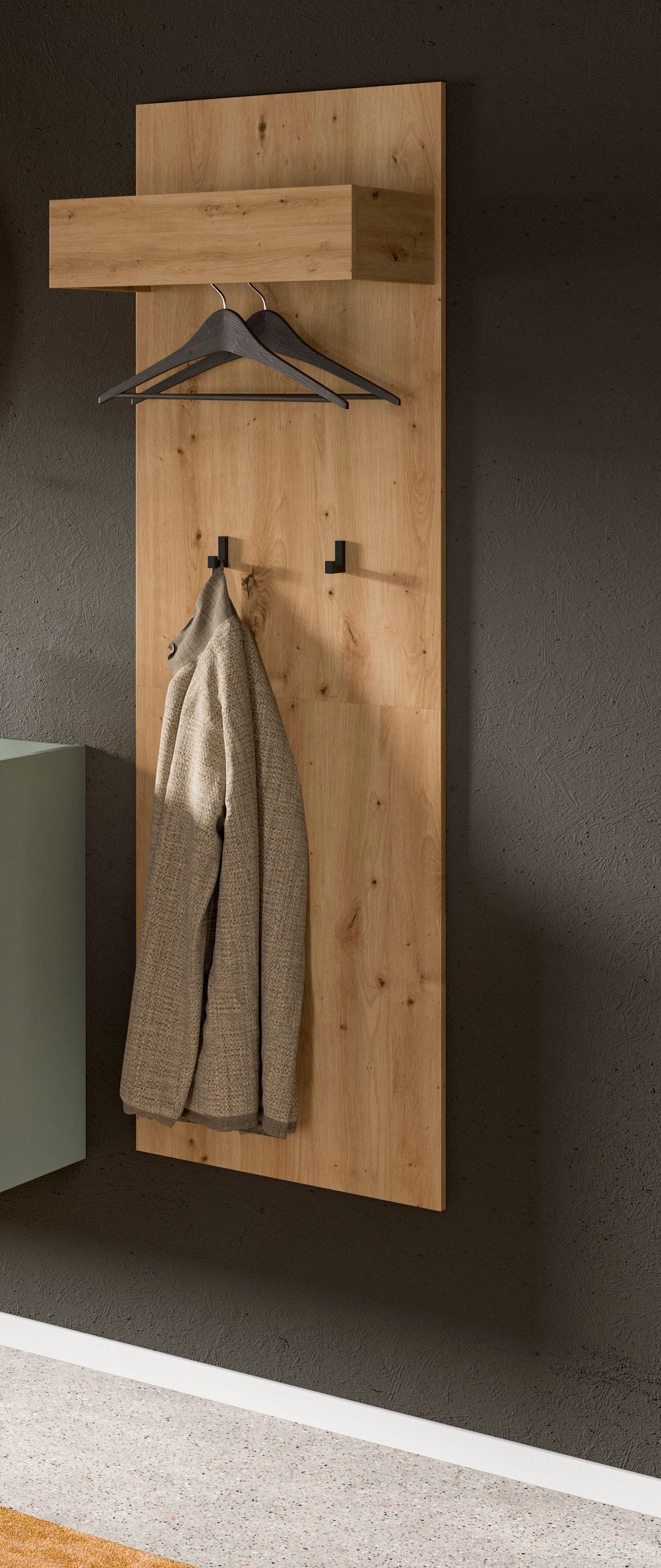 INOSIGN Garderobenpaneel »EVRID, Höhe 160 cm, inkl. 2 Metall-Haken, Kleiderstnage und Hutablage«, (1 St., individuell mit anderen Artikel der Serie EVRID erweiterbar), Paneel, Hakenleiste, Wandboard, Garderobe, Wandpaneel