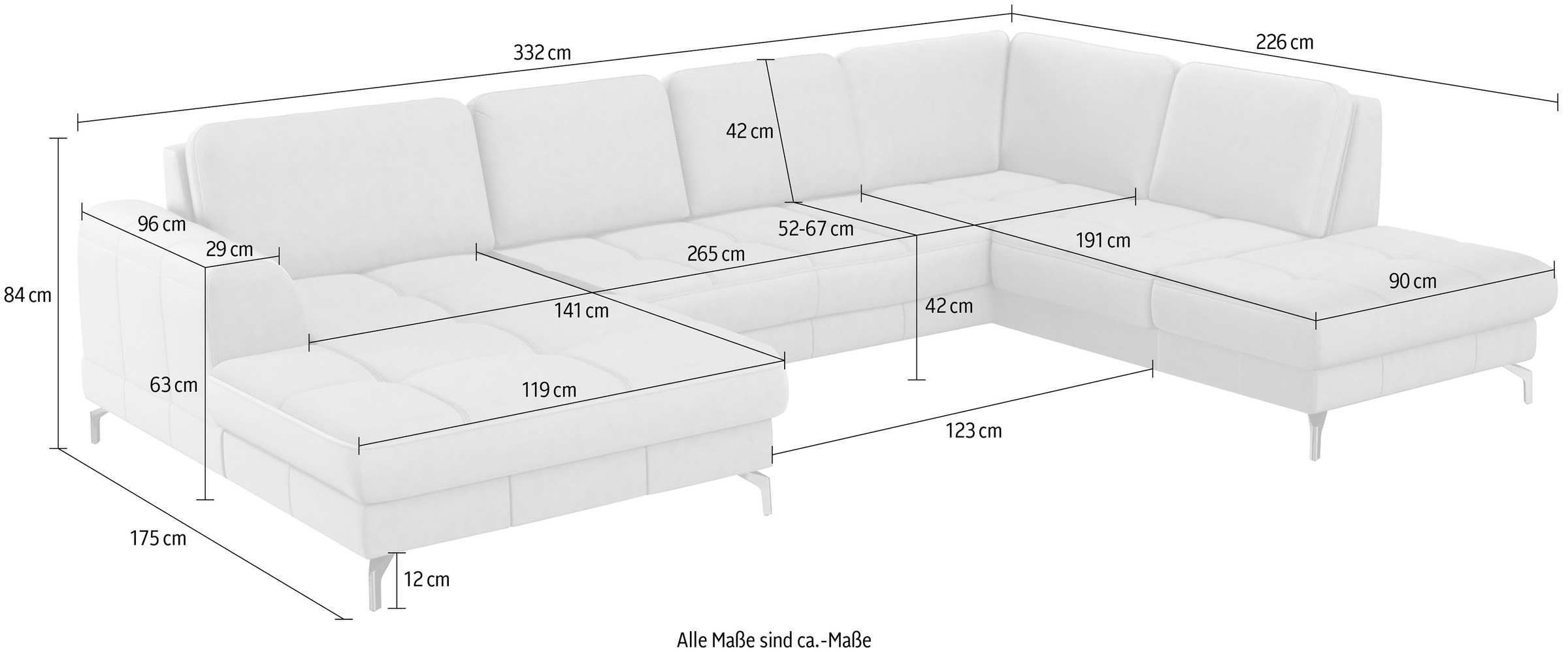 sit&more Wohnlandschaft »Bendigo U-Form«, inklusive Sitztiefenverstellung, Bodenfreiheit 12 cm, in 2 Fußfarben