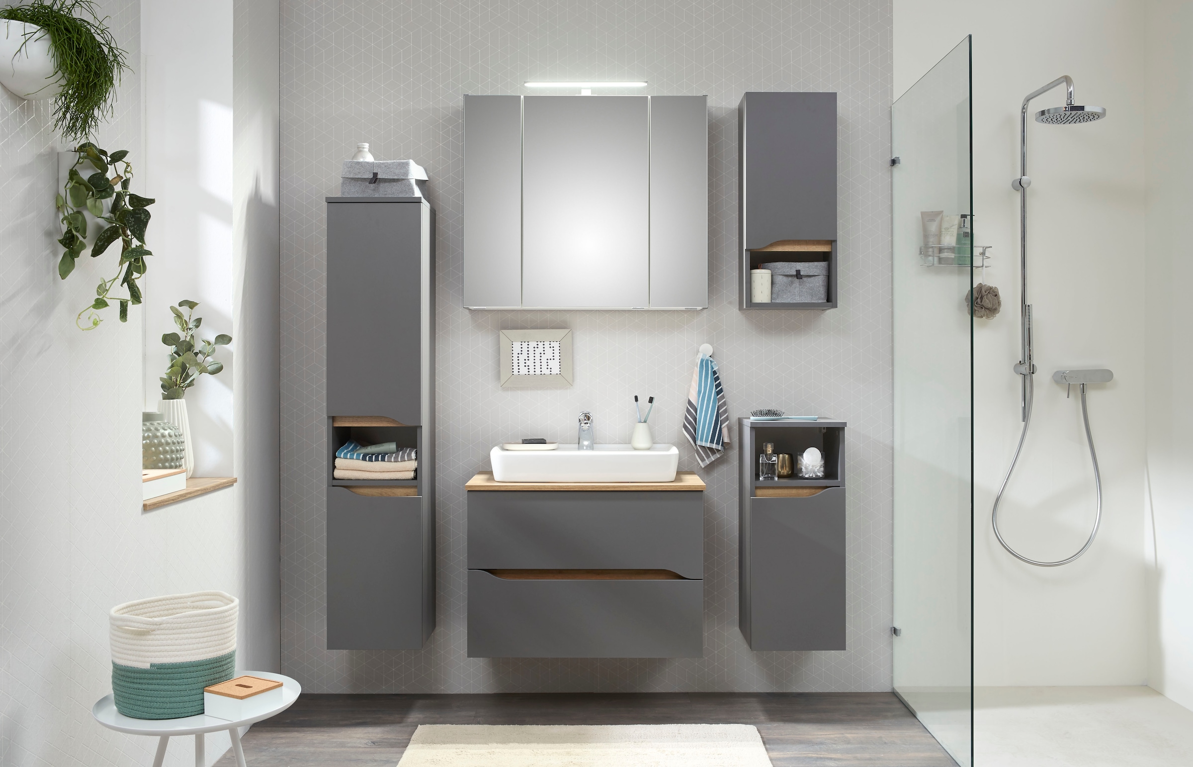 Saphir Badmöbel-Set »Quickset 5-teilig, Keramik-Aufsatzbecken und LED-Spiegelschrank«, (7 St.), Midischrank, Unterschrank, Hängeschrank, inkl. Türdämpfer, 7 Türen