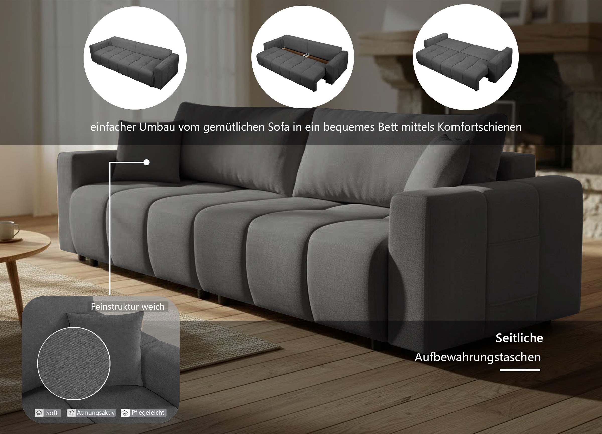 OTTO home Sofa »YLVAA  3-Sitzer, 239 cm - OTTO. Verlässliche Qualität.« Schlaffunktion (132/198), Bettkasten, Feinstruktur-Bezug