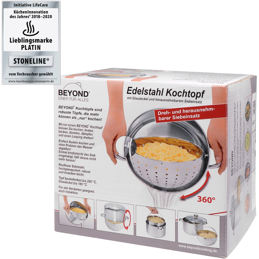 BEYOND Topf-Set, Edelstahl 18/8, (Set, 3 tlg., 1 Kochtopf mit Glasdeckel Ø 24 cm, 1 Siebeinsatz Ø 21,5 cm), Kochen,Braten,Schmoren,Backen,Dünsten,Dämpfen,Blanchieren,Induktion