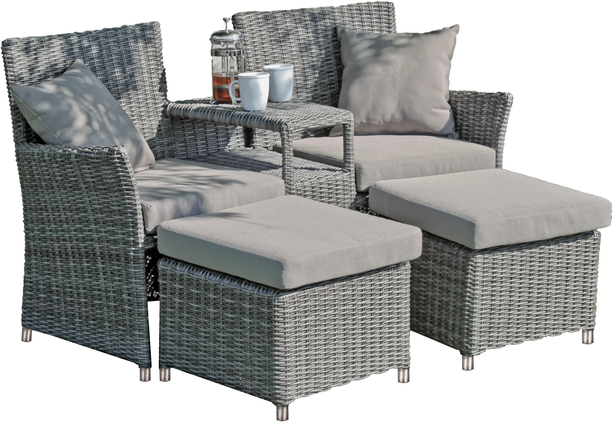 Garden Pleasure Gartensessel »CALGARY«, (Set), Doppelsessel mit integriertem Tisch, 2 Hockern und Auflagen