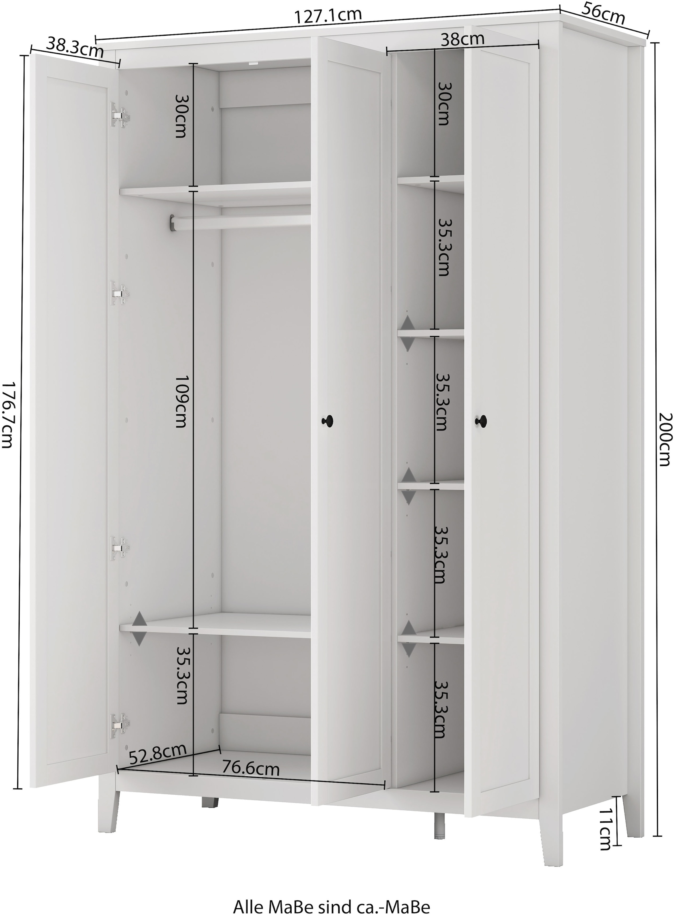 OTTO home Kleiderschrank »Borkum Schlafzimmerschrank Garderobe Landhaus Bestseller weiß« hochwertige schwarze Griffe aus Metall, 