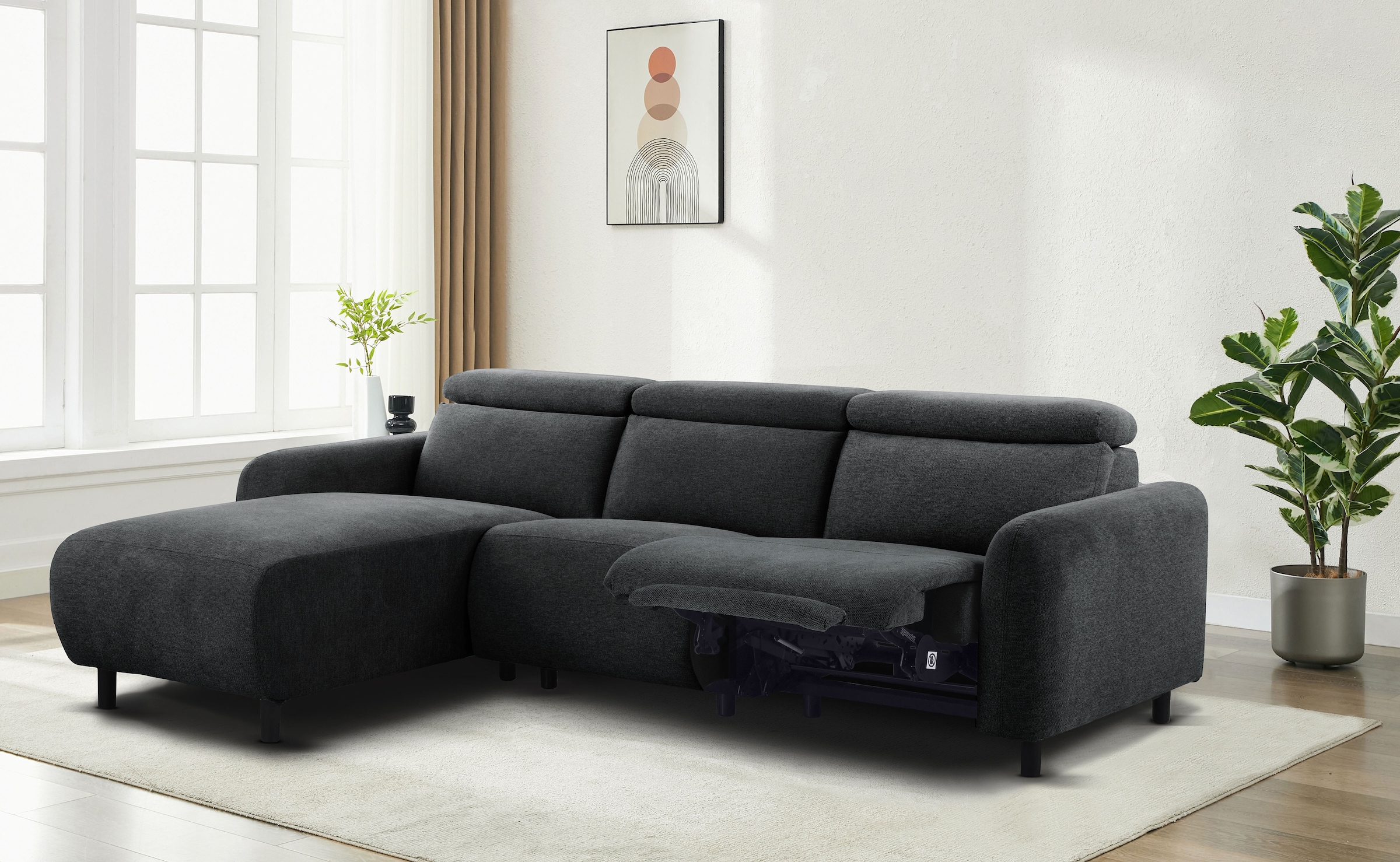 Home affaire Ecksofa »SKAANE Struktur, L-Form, 274 cm, manuelle u. elektrische Funktion,«, rundes Design, Kopfteilverstellung, Federkernpolsterung
