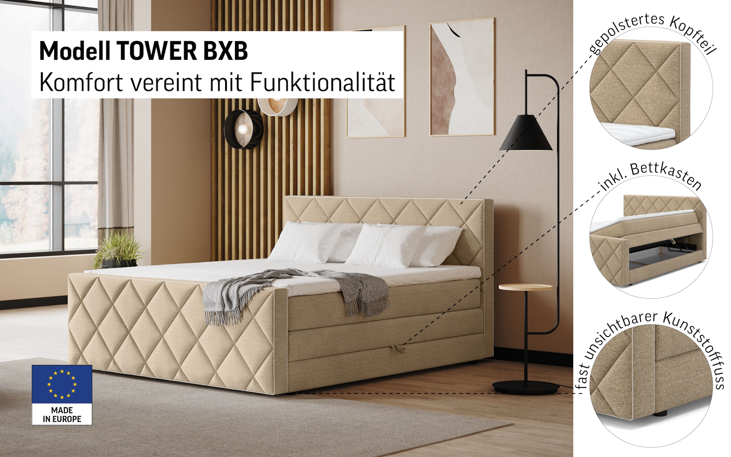 COTTA Boxspringbett »Tower inkl. Bettkasten, mit Keder in abgesetzter Farbe« in verschiedenen Breiten, Härtegraden und Farben erhältlich