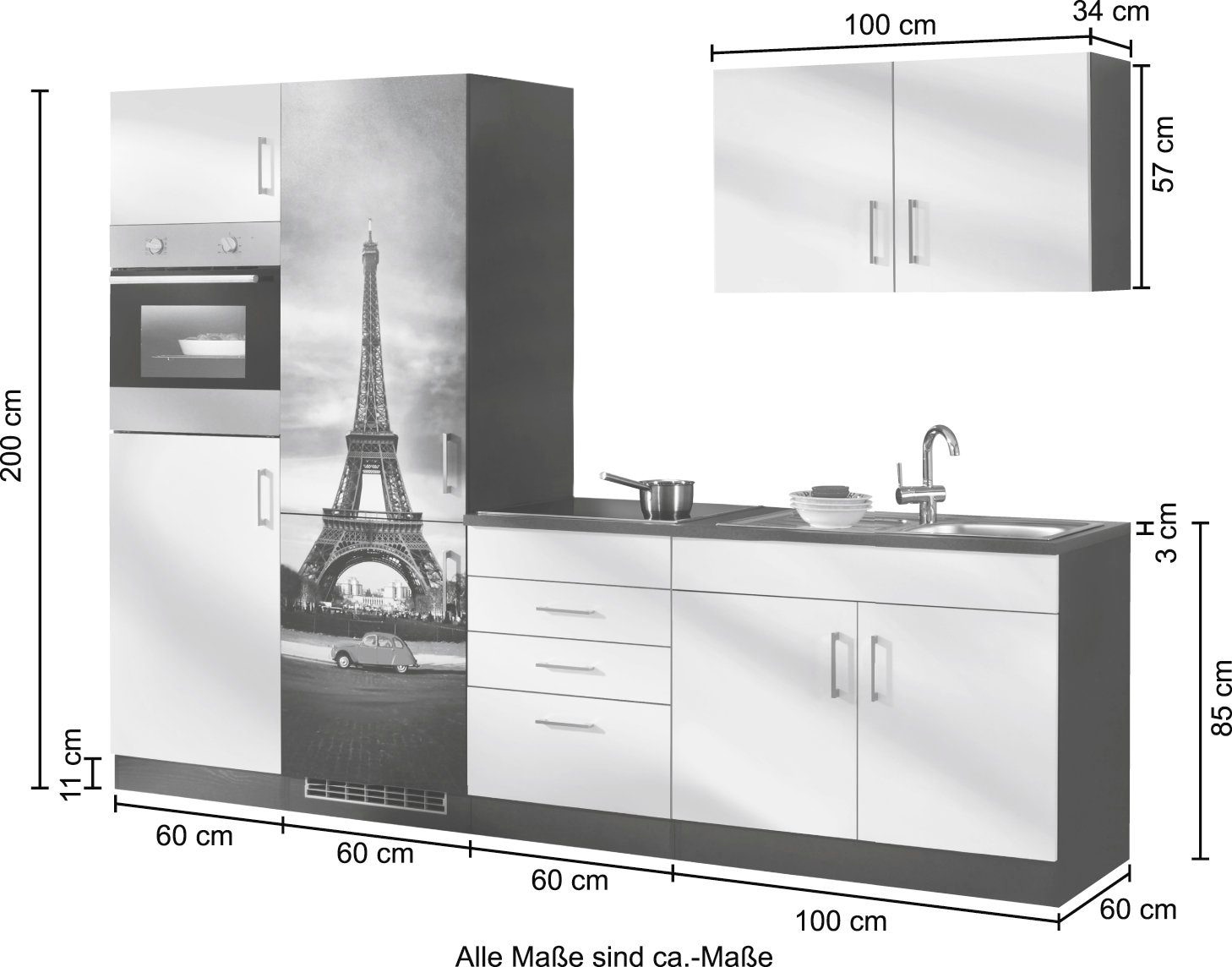 HELD MÖBEL Küchenzeile »Paris«, ohne E-Geräte, Breite 280 cm