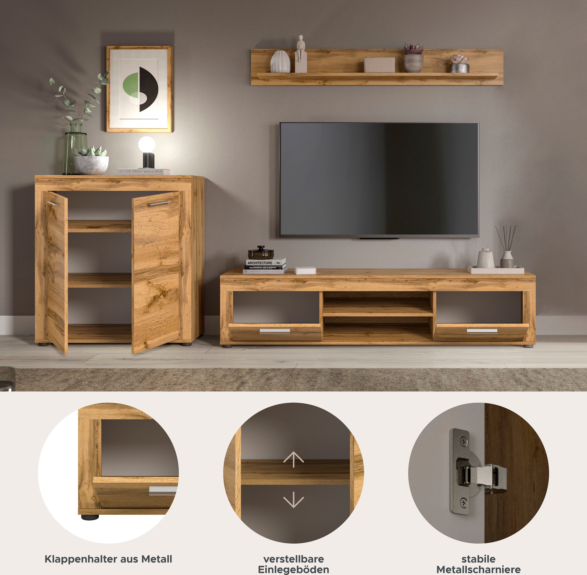 INOSIGN Wohnwand »Aosta, Breite 255cm, bestehend aus Highboard, Lowboard, Wandboard«, (3 St.), Wohnwand, Kombination, Anbauwand, Möbel Set, Schrankwand, Möbel Kombi