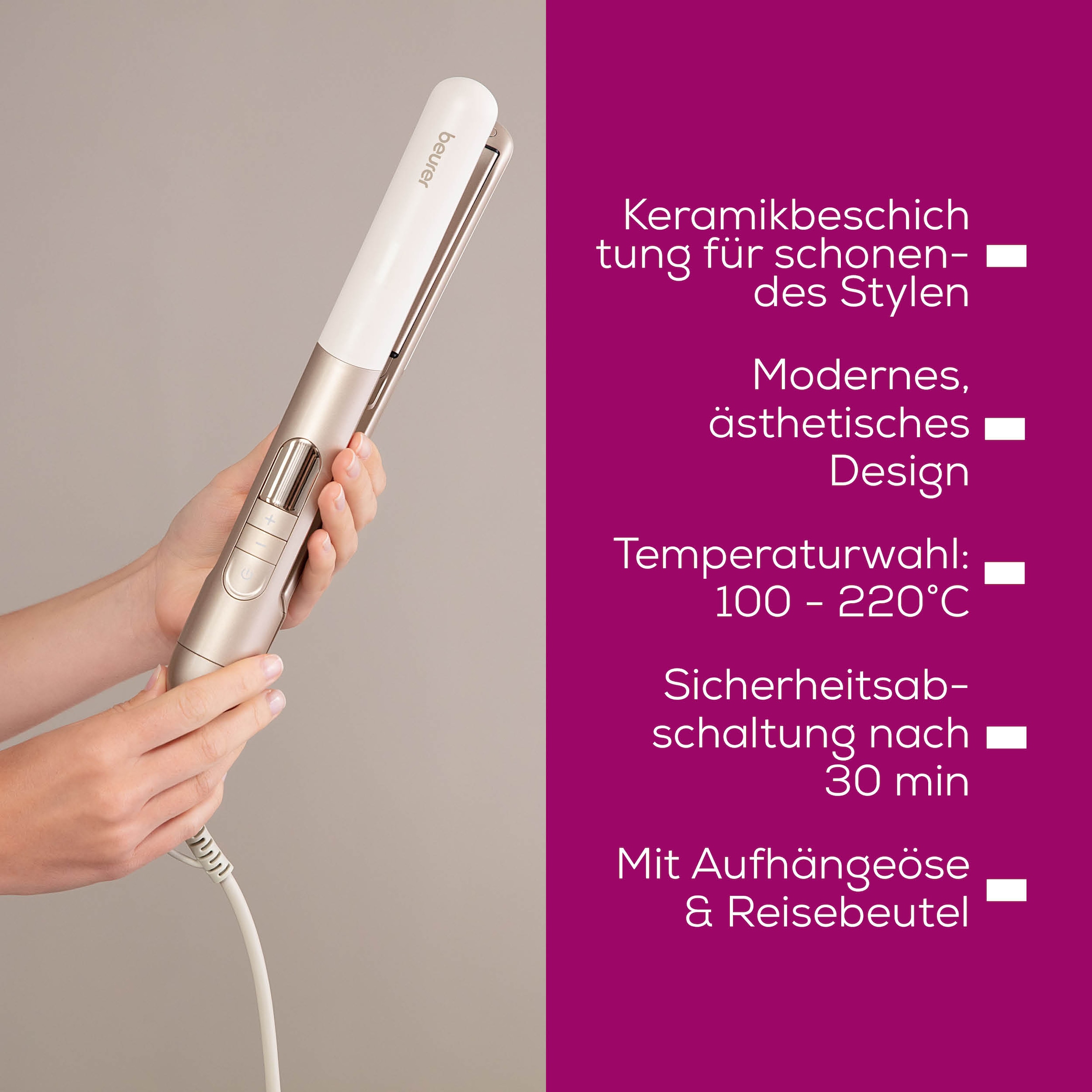 BEURER Glätteisen »HS 70, schonendes Glätteisen mit Ionen-Technologie«, Keramik, Mit Ionenfunkion, Keramik Beschichtung und variabler Temperaturstufen