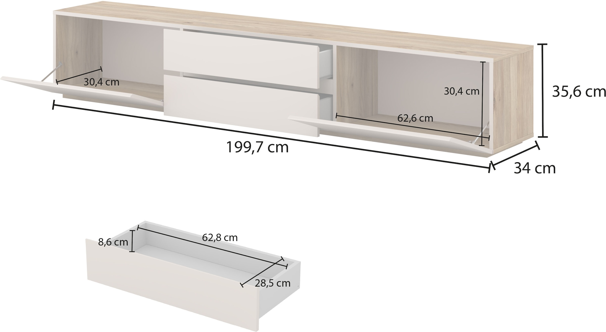INOSIGN Lowboard »Criss, Breite 200 cm, moderne grifflose TV-Kommode« TV-Kommode, TV-Schrank, hängend und stehend montierbar