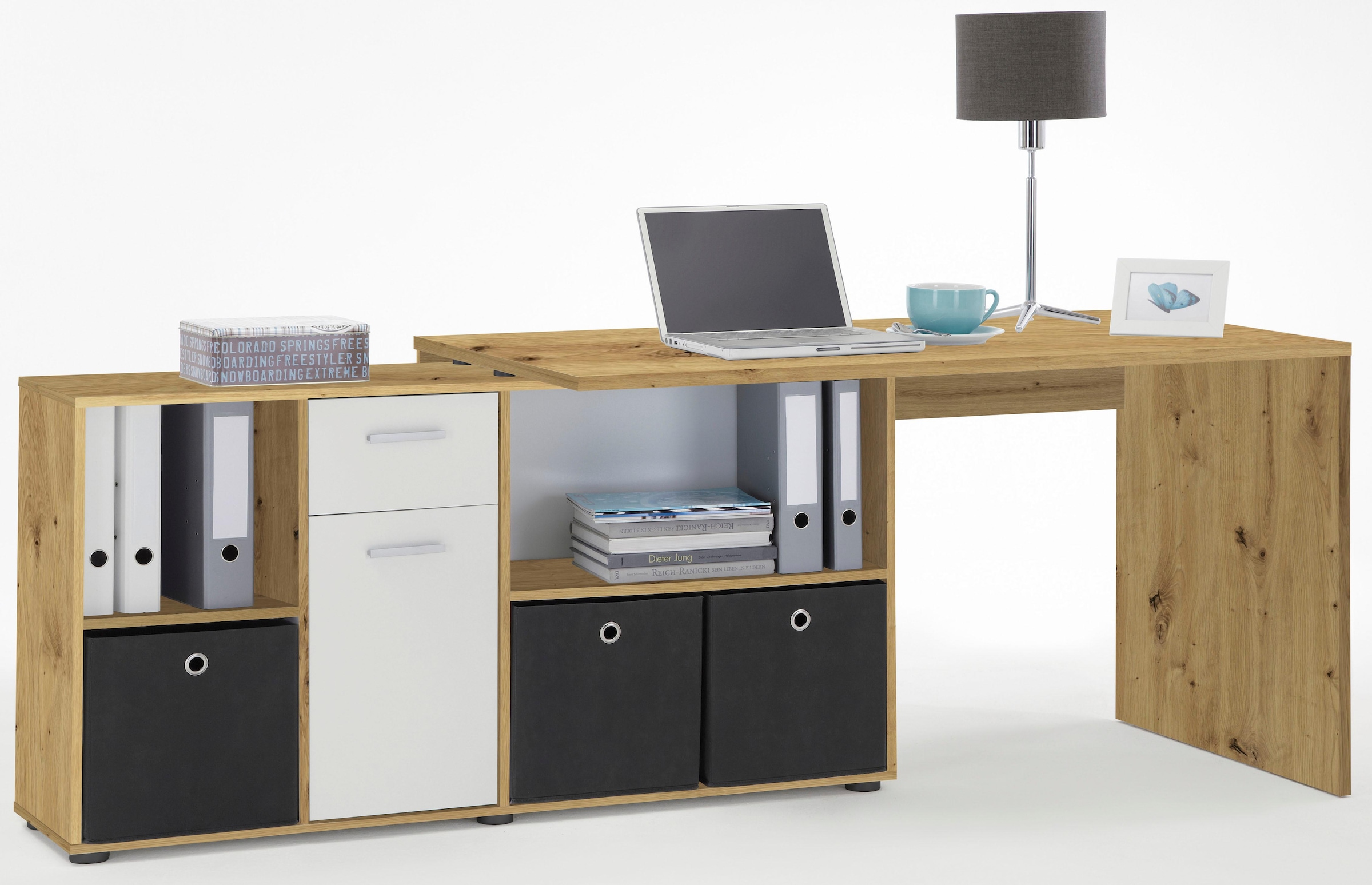 FMD Eckschreibtisch »Lex, Schreibtisch / Sideboard,«, variabel montierbar, Breite 136 / 205 cm, Made in Germany