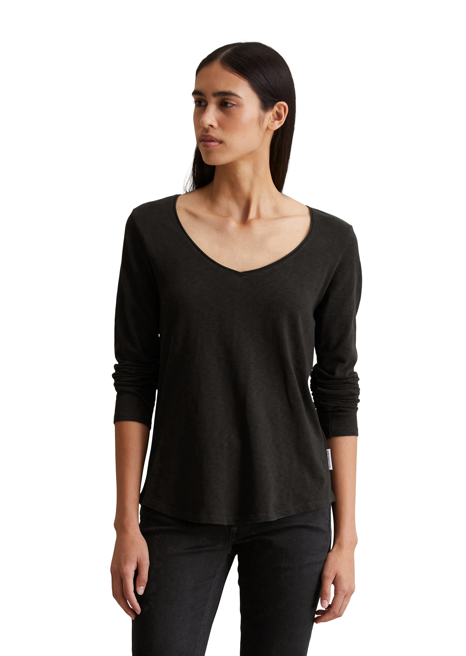 Marc O'Polo DENIM Langarmshirt mit Rollkante am V-Ausschnitt