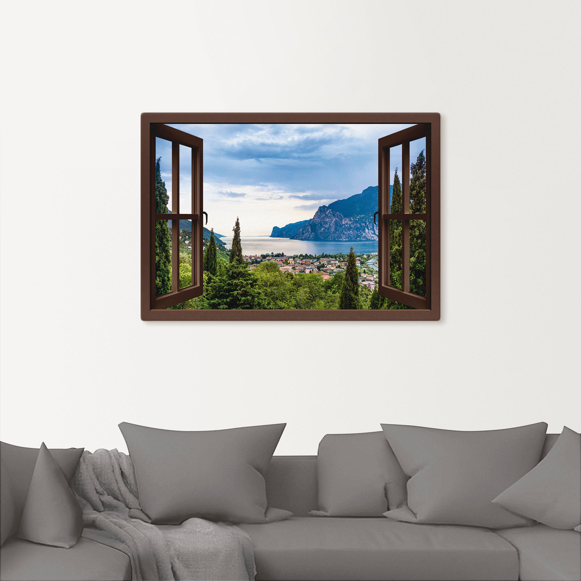 Artland Wandbild »Gardasee durchs braune Fenster«, Seebilder, (1 St.), als Alubild, Outdoorbild, Leinwandbild, Poster in verschied. Größen