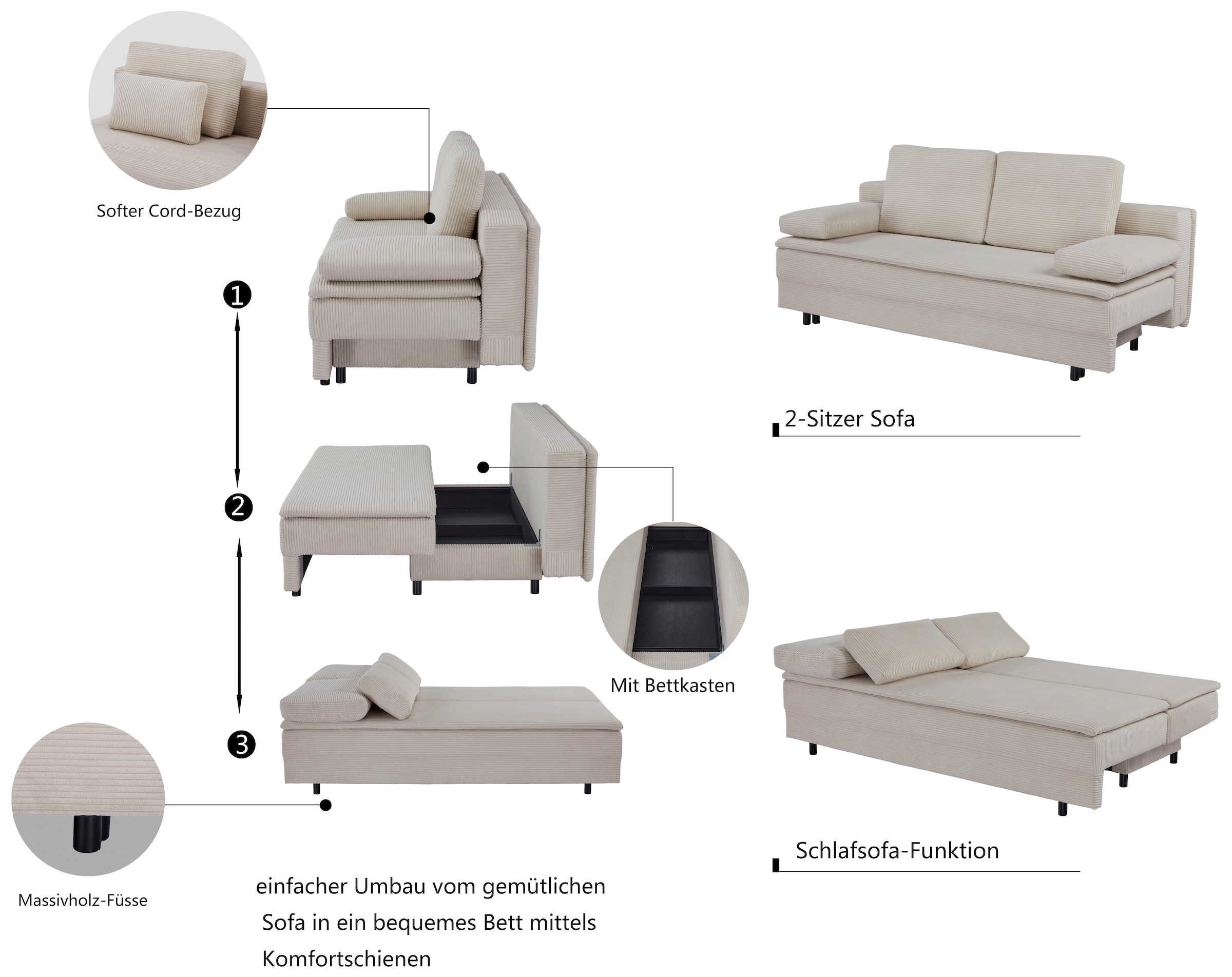 OTTO home Schlafsofa »JANNIKO Cord, Breite: 193 cm, Liegefläche 124x193 cm, softer Cord« mit Bettfunktion & Bettkasten