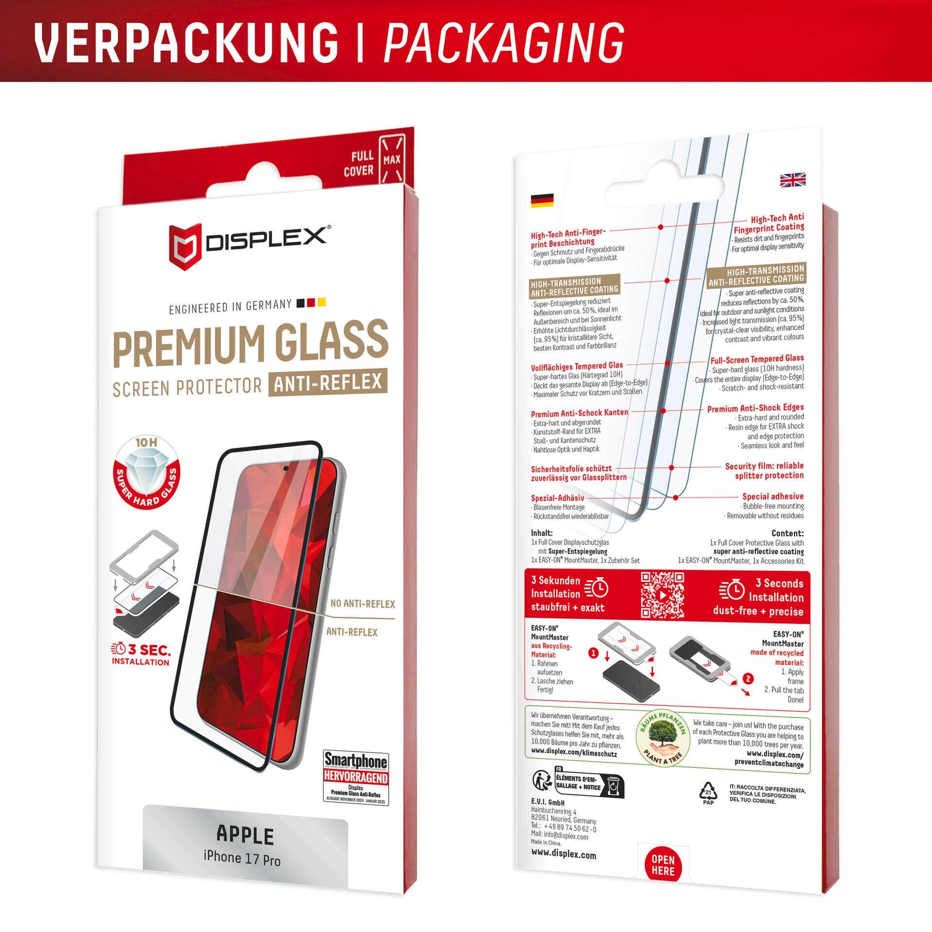 Displex Displayschutzglas »Premium Glass Screen Protector Anti-Reflex mit EASY-ON MountMaster« für Apple iPhone 17 Pro Displayschutzfolie, Schutzfolie, Bildschirmschutz, kratz- & stoßfest