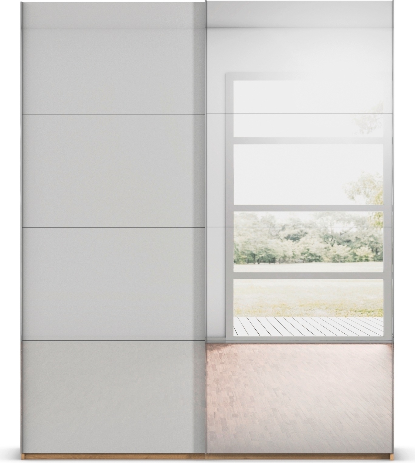 rauch Schwebetürenschrank »Kleiderschrank Schrank Garderobe Schlafzimmerschrank SCALE-FYRA«, edle viergeteilte Türen Spiegel/Glas-Mix viele Farben MADE IN GERMANY
