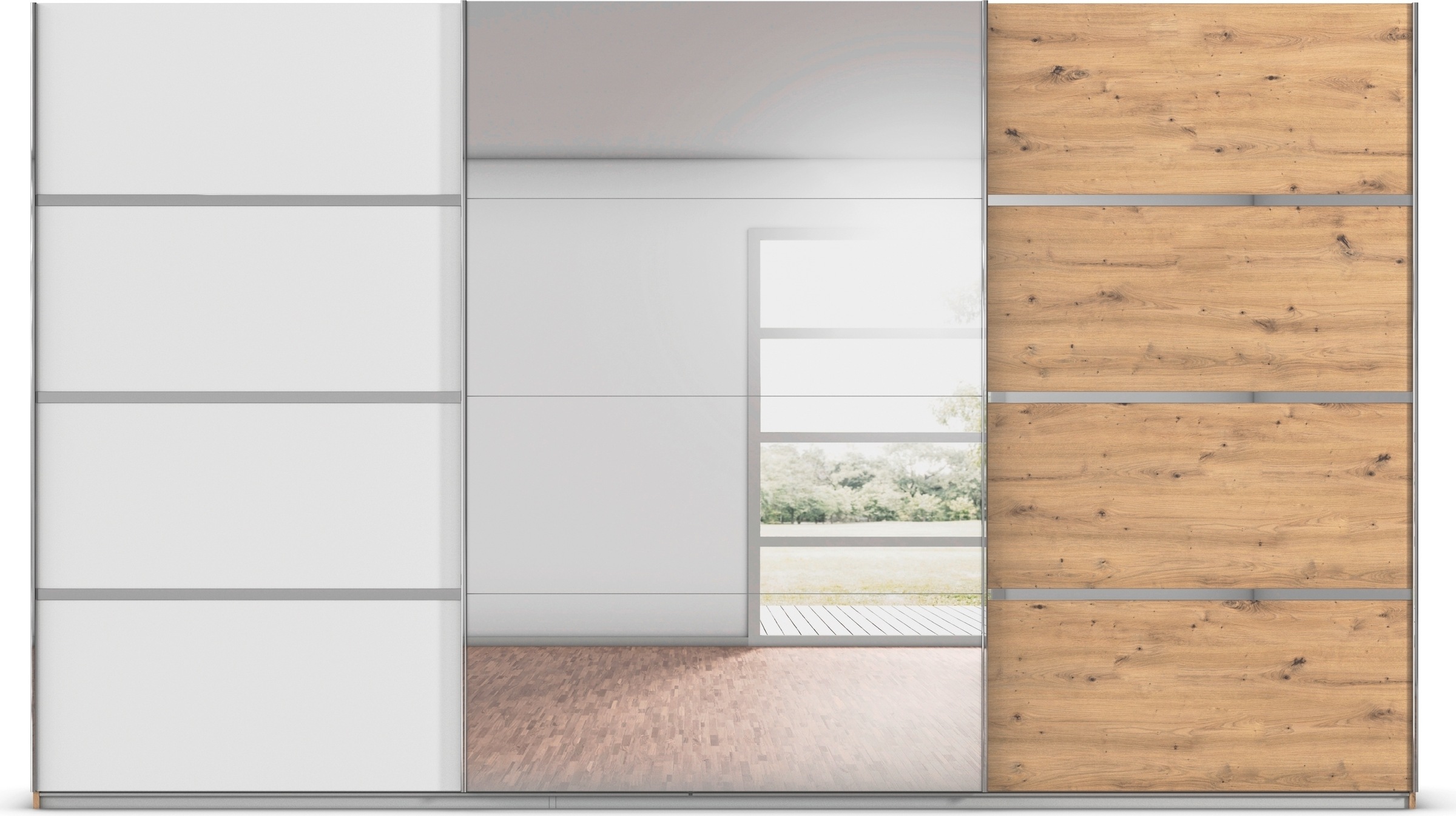 rauch Kleiderschrank »Schwebetürenschrank Garderobe Schrank TOP ANGEBOT Avola«, (in 3 verschiedenen Ausstattungen BASIC/CLASSIC/PREMIUM inkl. Spiegel), mit eleganten Zierleisten in Chrom, Schwarz oder Weiß MADE IN GERMANY