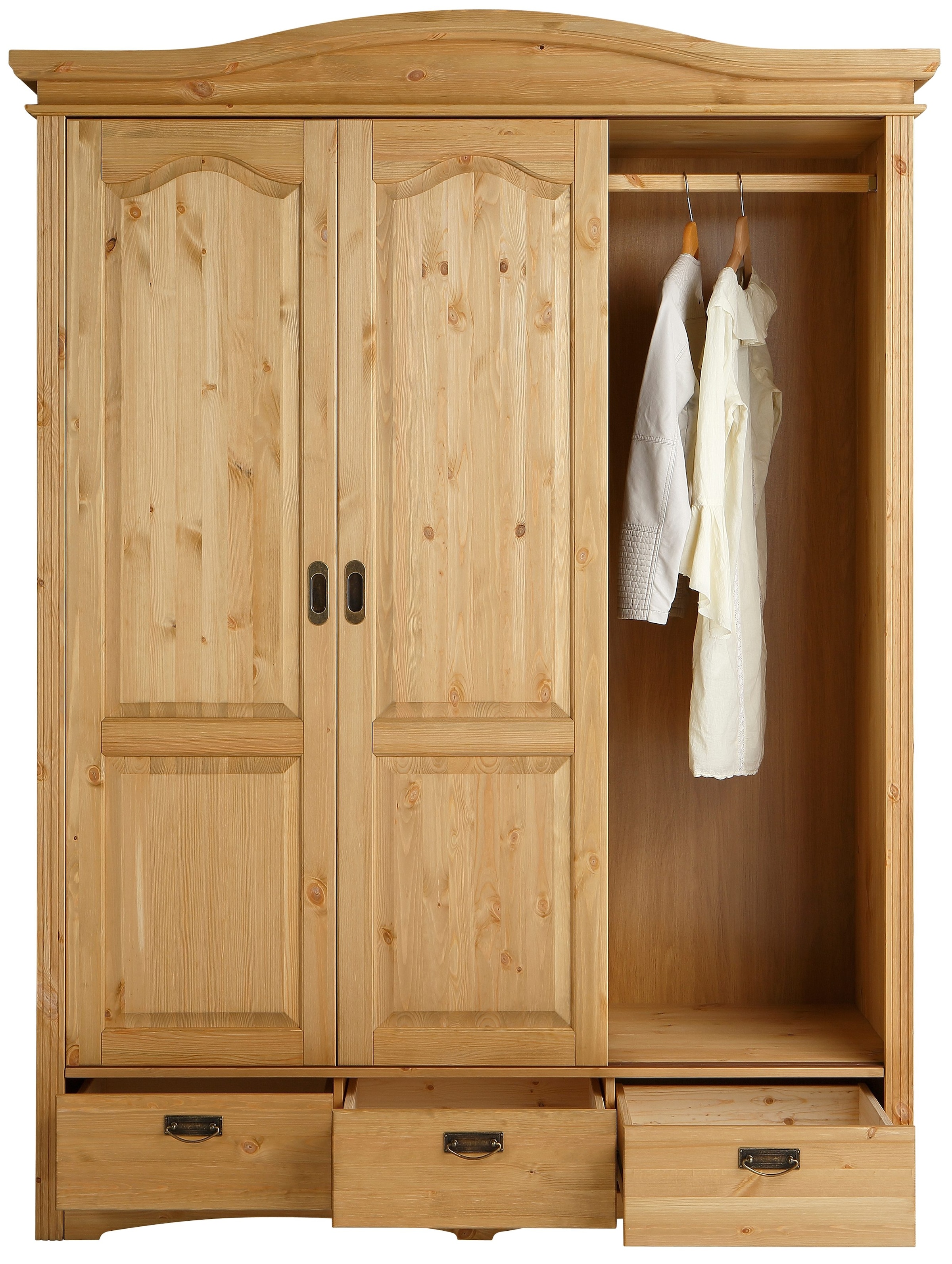 Home affaire Schiebetürenschrank »Konrad, Landhausstil, rustikal, mit Schubladen + Spiegel, Kassetten«, (3 Breiten: 153/202/249 cm H/T ca.207/64 cm), massive Kiefer, FSC®-zertifiziert, Messinggriffe, mehrere Varianten