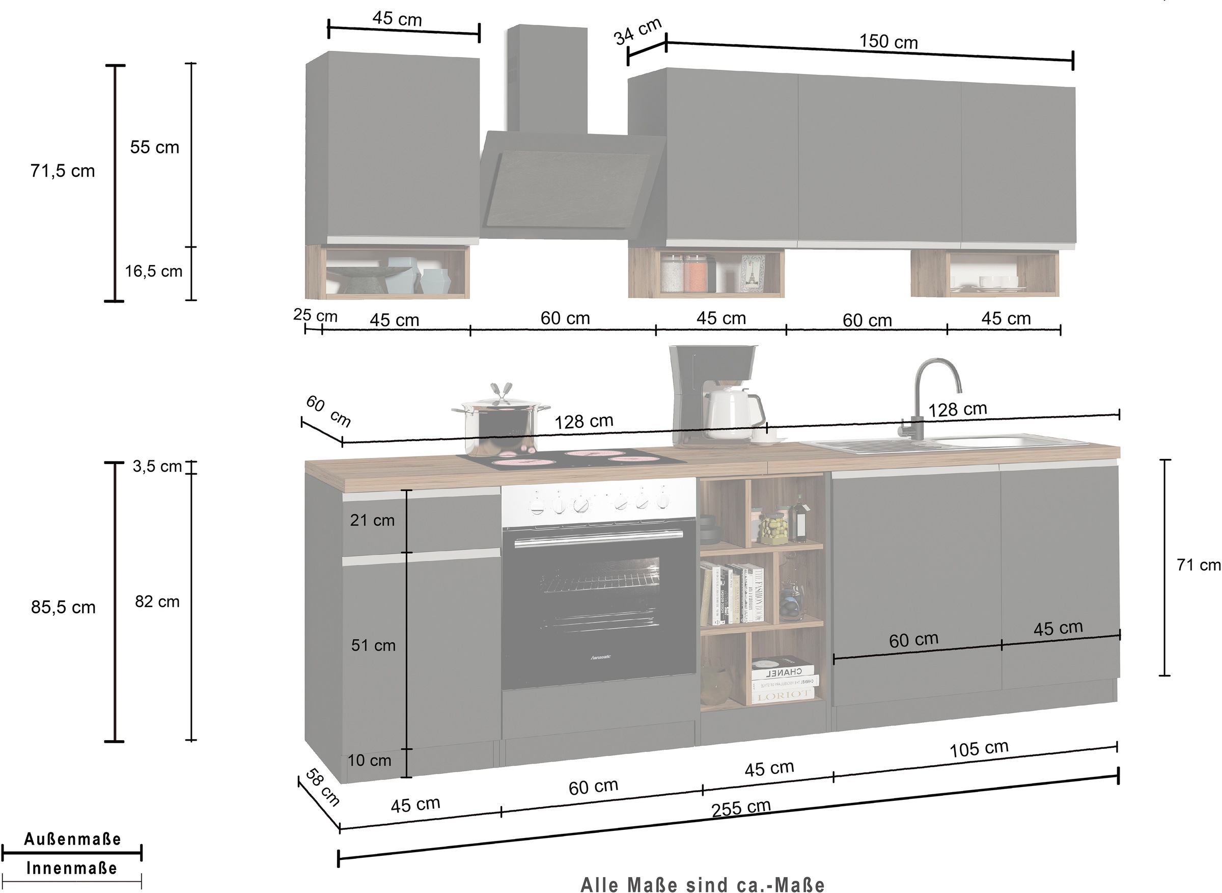 KOCHSTATION Küchenzeile »KS-Sole«, Breite 256 cm, mit Geschirr-Abtropfschrank, ohne E-Geräte