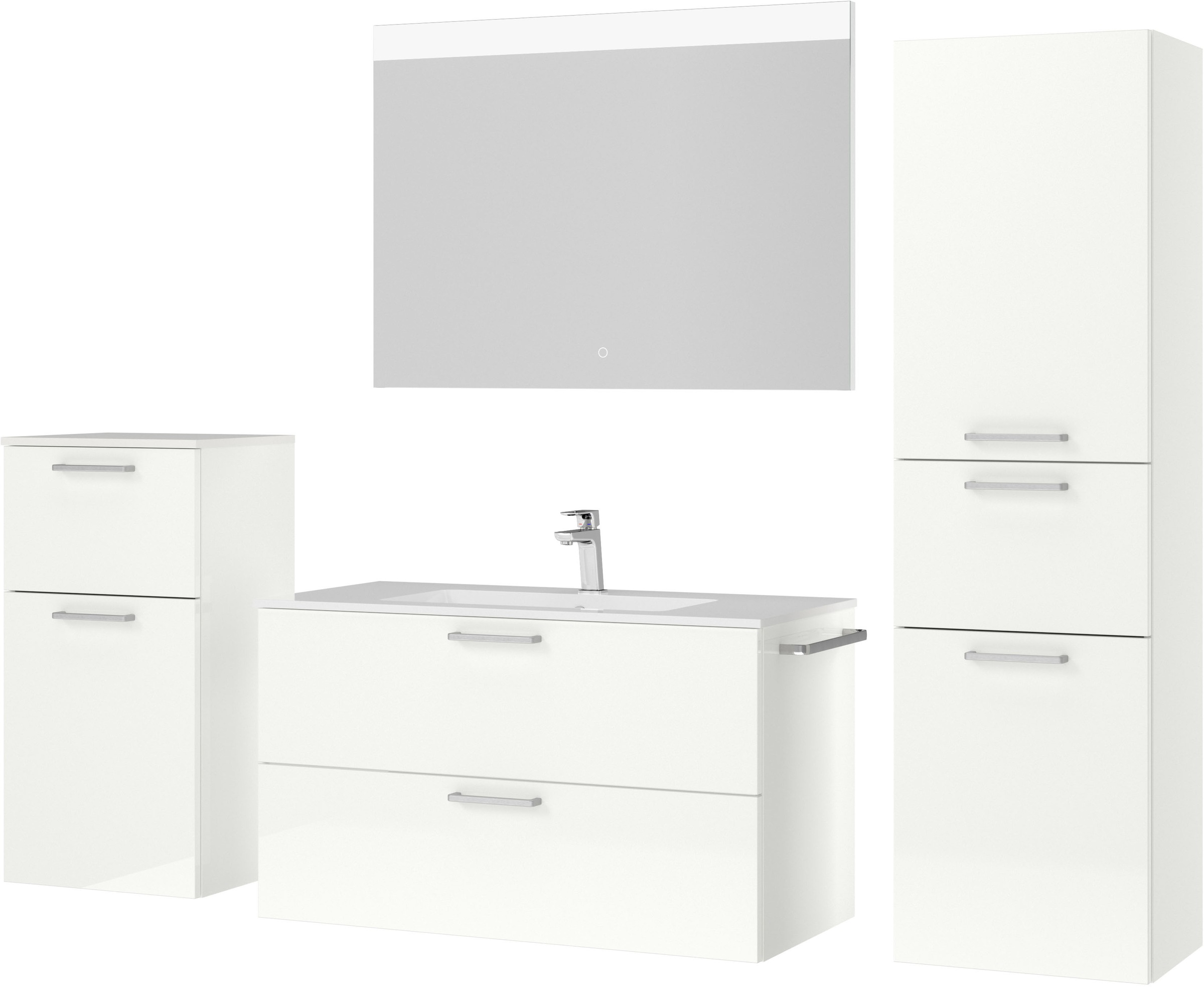 nobilia® Badmöbel-Set »Tolvina«, (4 St., vormontiert, mit Soft-Close), Hochglanz, inkl. Spiegel mit Touch-Sensor, in vier Breiten