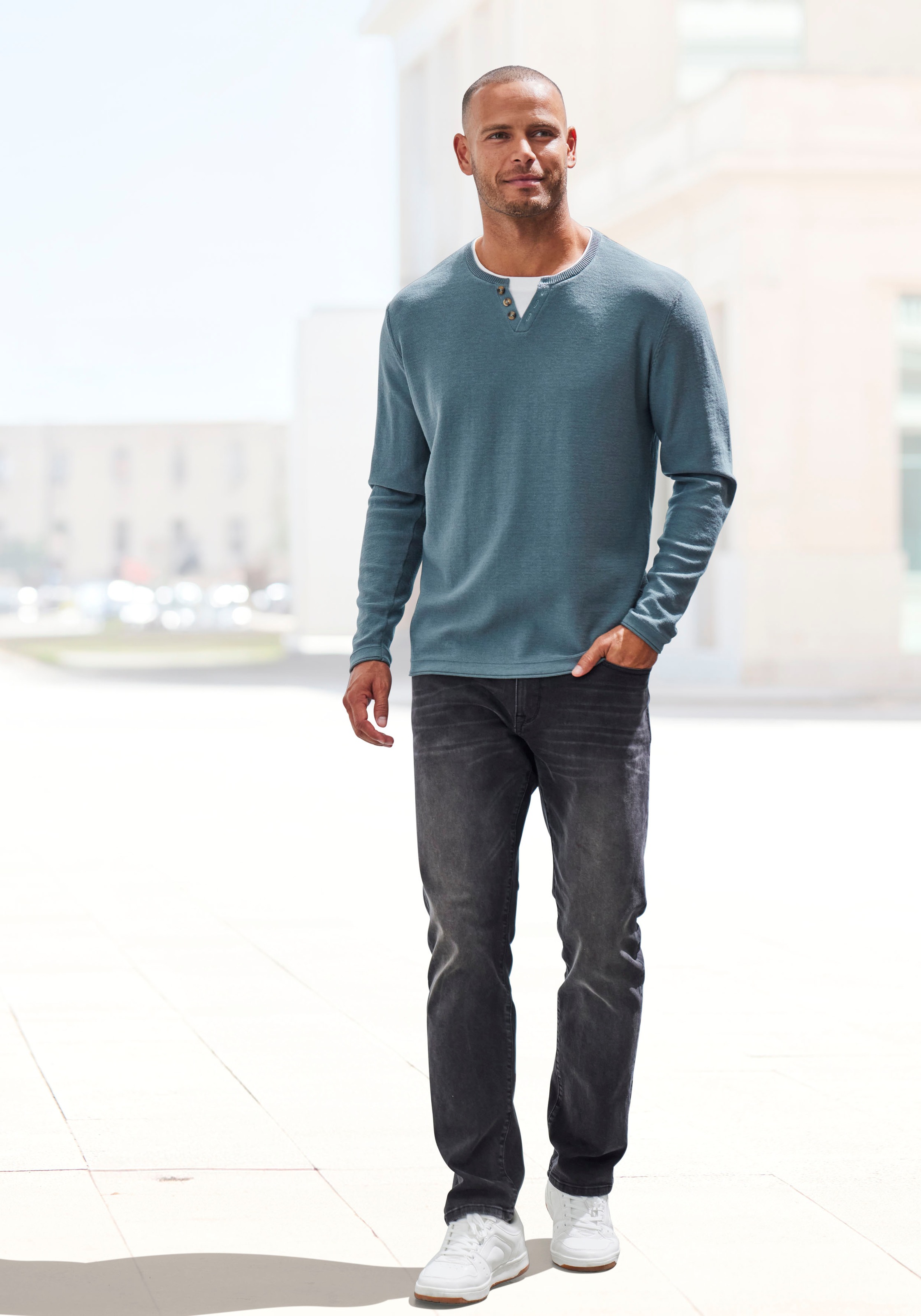 H.I.S Strickpullover, Pullover mit hochwertiger Halslochverarbeitung in double-layer Optik