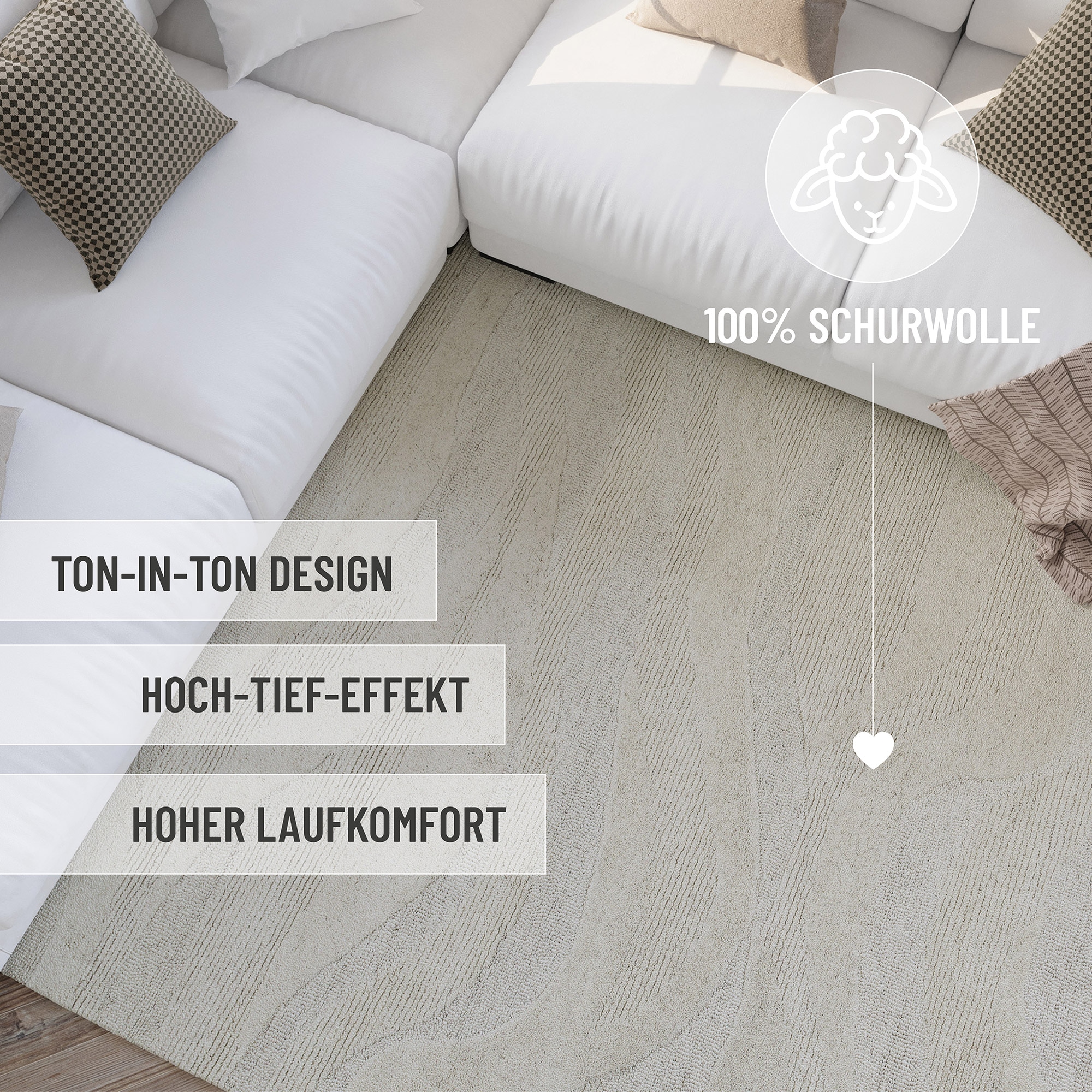 Wecon home Wollteppich »Hamptons THIRTYFOUR«, rechteckig, 15 mm Höhe, Läufer, Schurwolle, Kurzflor, Wohnzimmer, Schlafzimmer, Wellen