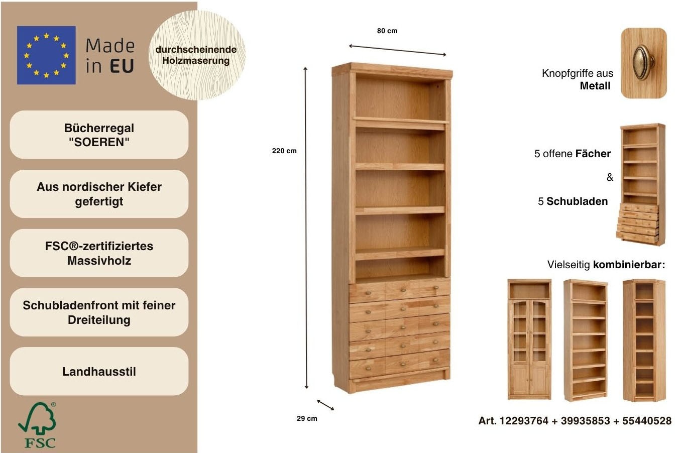 Home affaire Bücherregal »Soeren« aus massiver Kiefer, Tiefe 29 cm, Höhe 220 cm,  FSC®