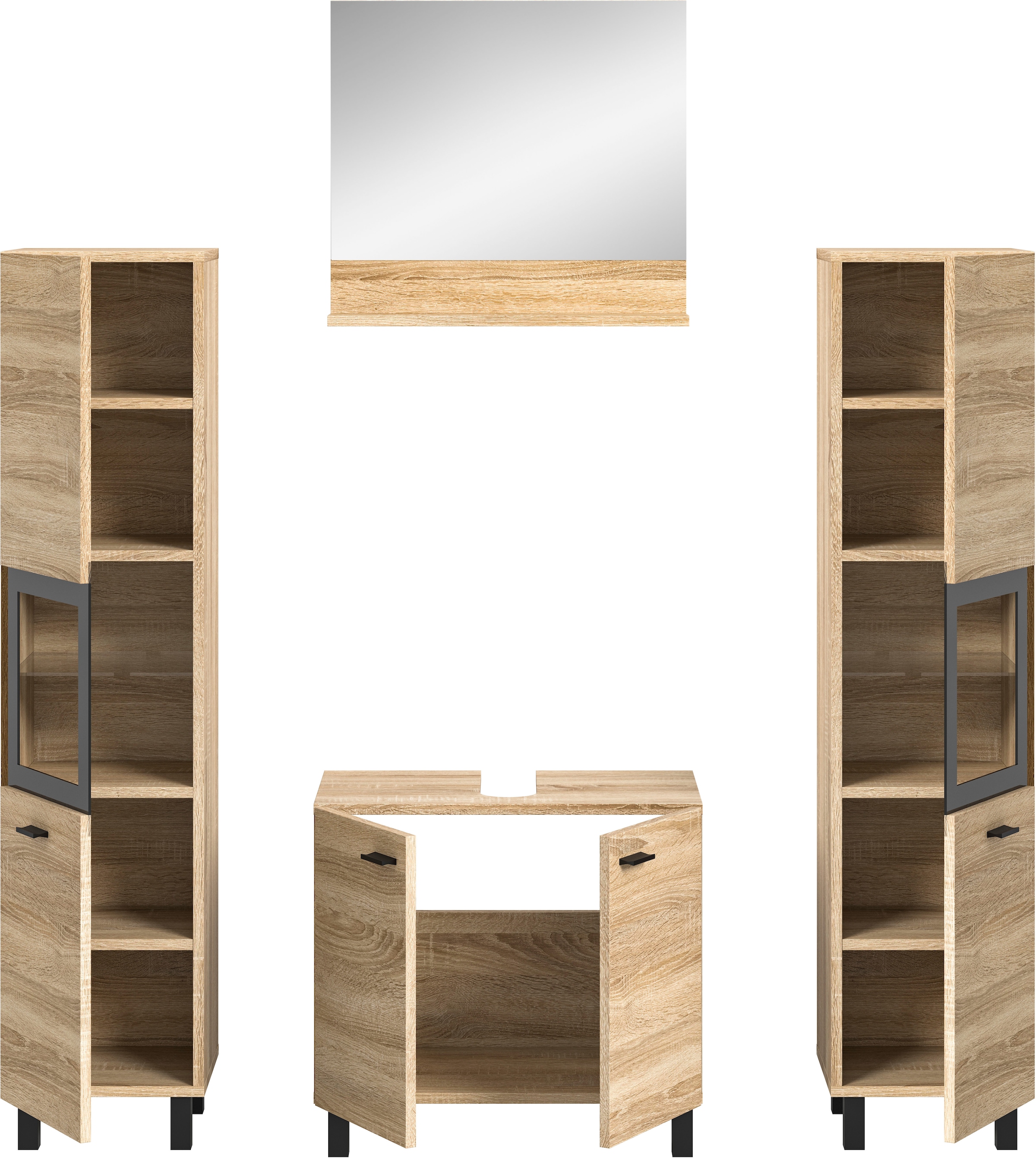 welltime Badmöbel-Set »Tampa, Breite 137cm, 4-teilig«, (4 St.), Waschbeckenunterschrank, Spiegel, Hochschrank