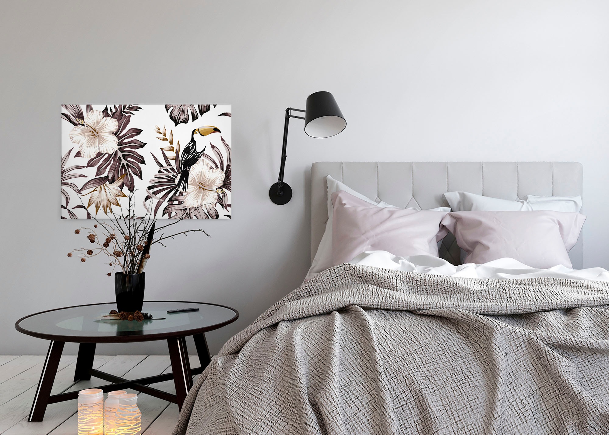 A.S. Création Leinwandbild »Toucan«, Kunst-Blumen-Kinder, (1 St.), Palmenblätter Hibiskus Dschungel Keilrahmen Leinwand-Bild Wohnzimmer