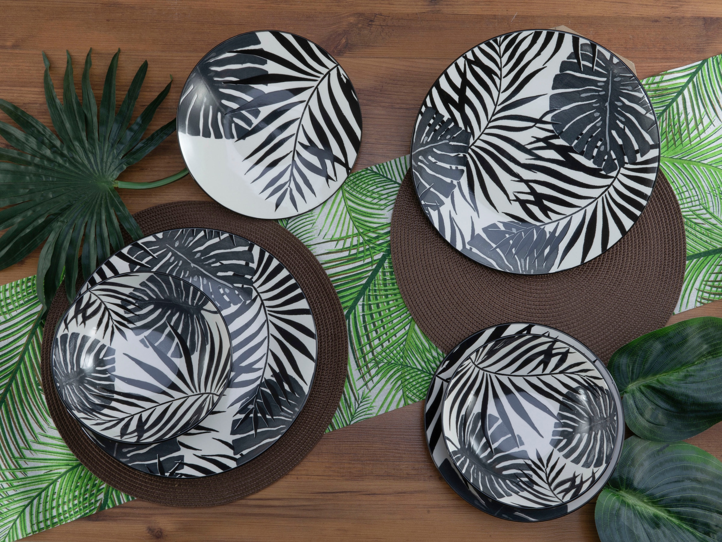 CreaTable Teller-Set »Tropicana«, (Set, 12 tlg.), vollflächiger tropischer Blätter Dekor
