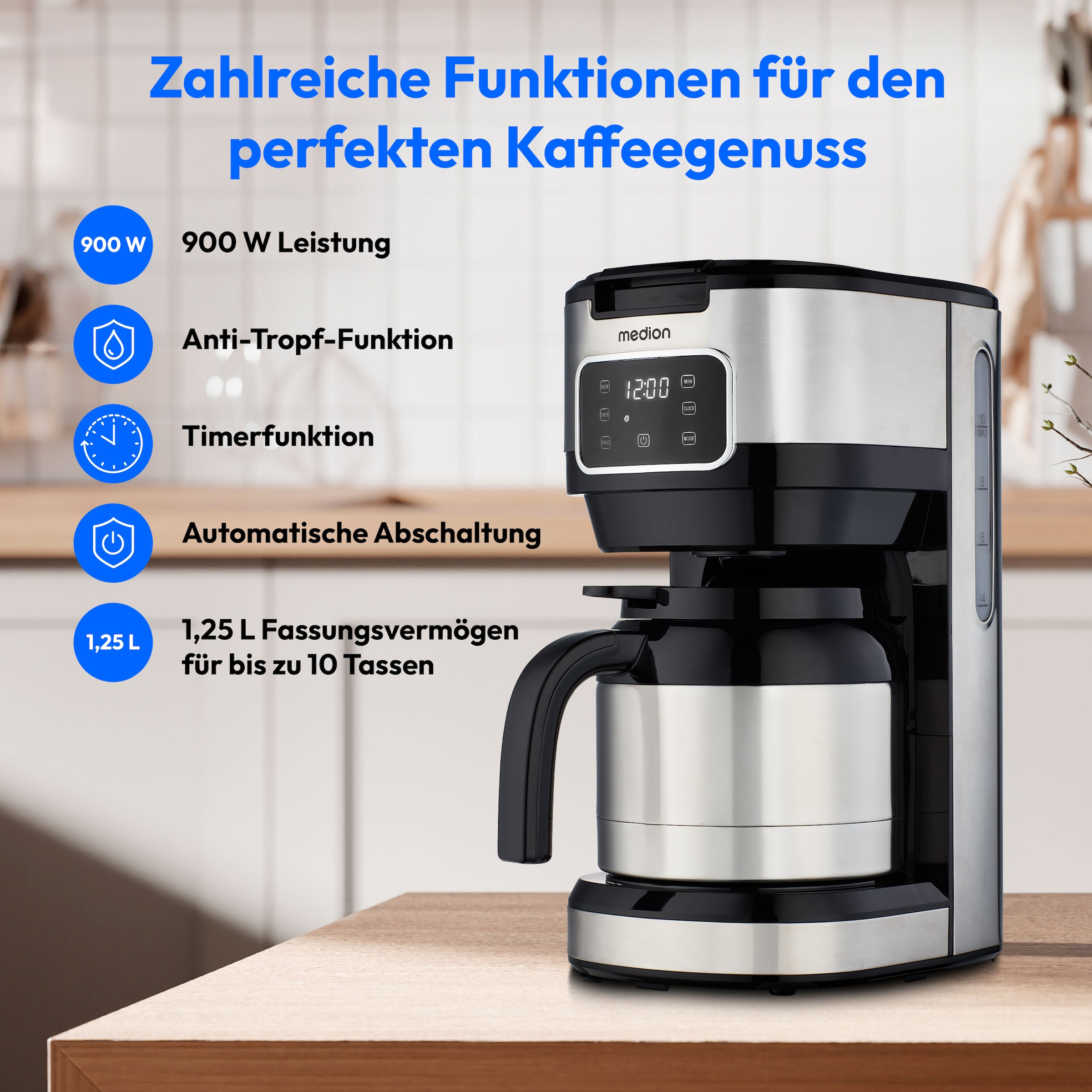 Medion® Filterkaffeemaschine »MD 11019« 1,25 l Kaffeekanne Permanentfilter 900 Watt, Touch-Sensor-Bedienfeld, 24 Stunden Timer, Permanentfilter